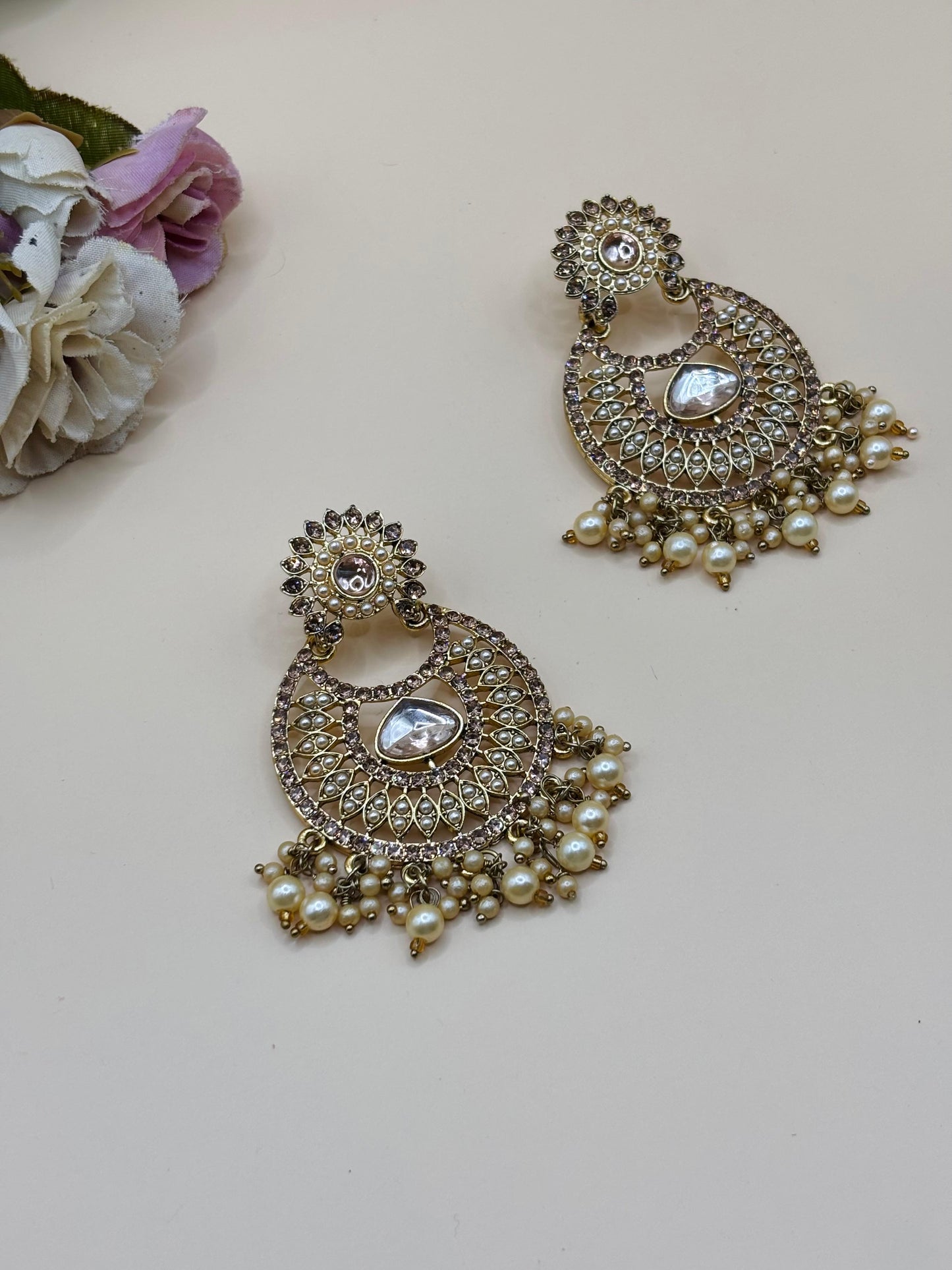 Golden Kundan Earrings with Pearl Drops