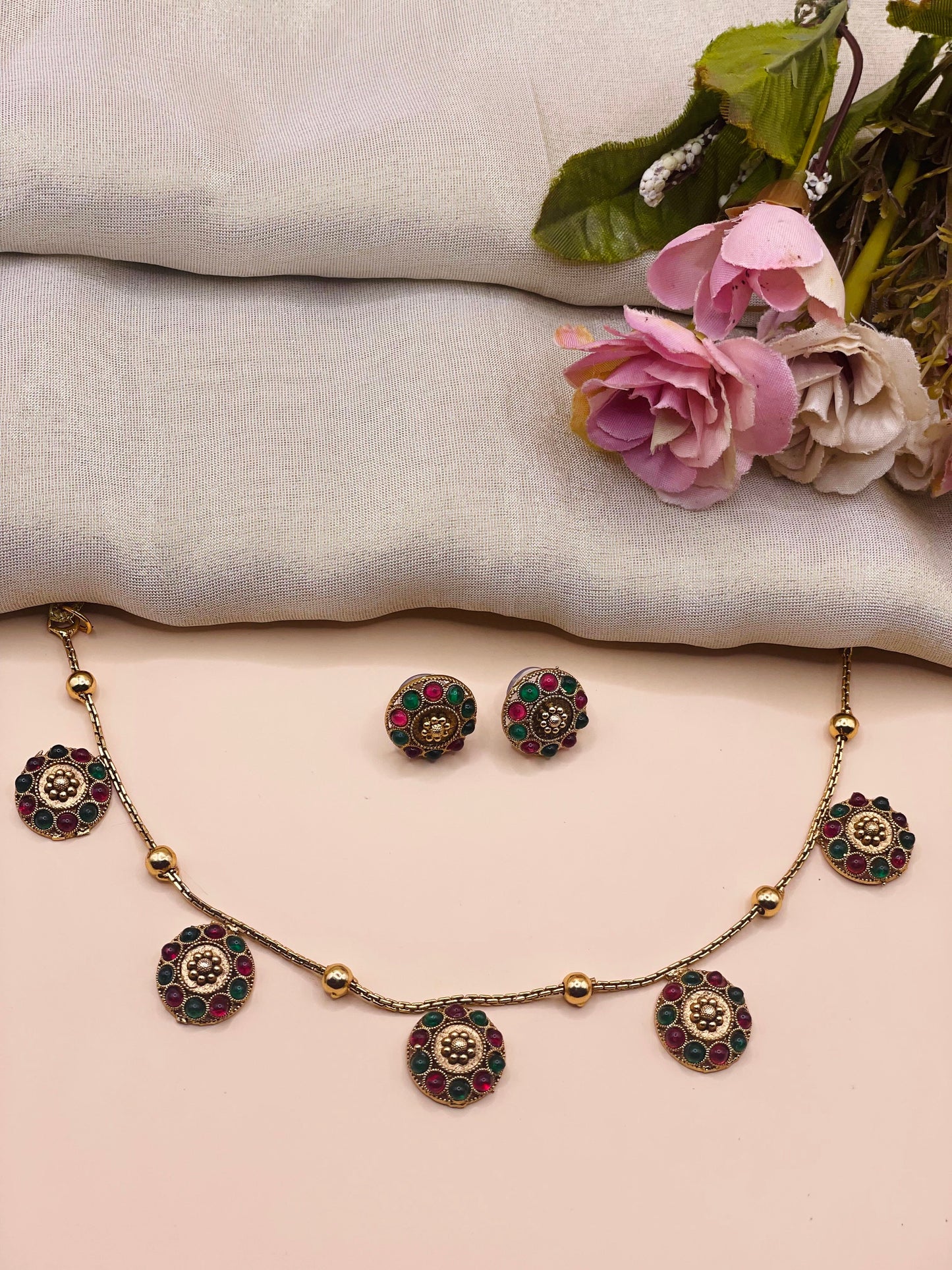 Antique Green Stone Coin Necklace Set