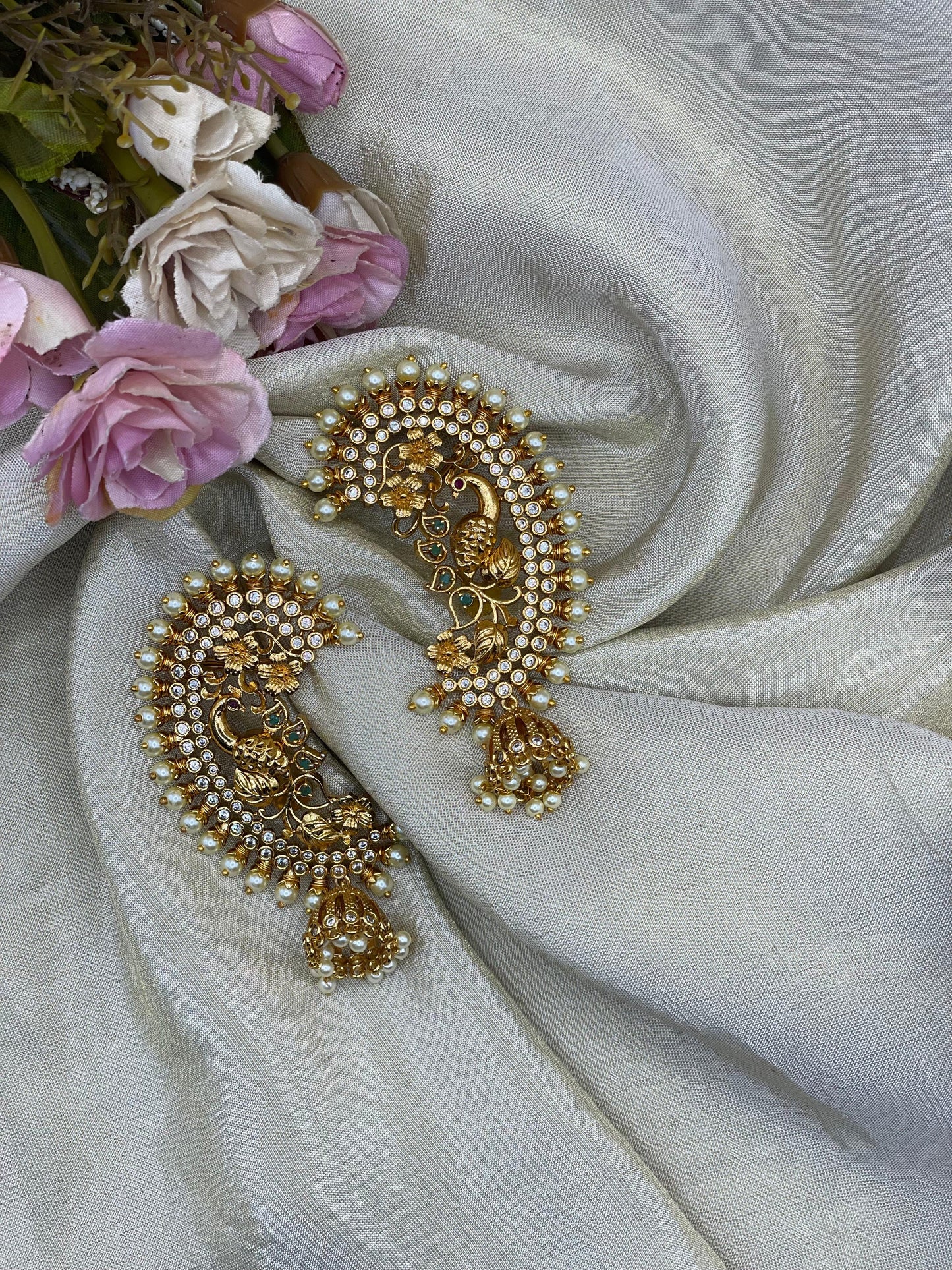 Kemp Stone Peacock Earcuff with Pearl Jhumka-EC003