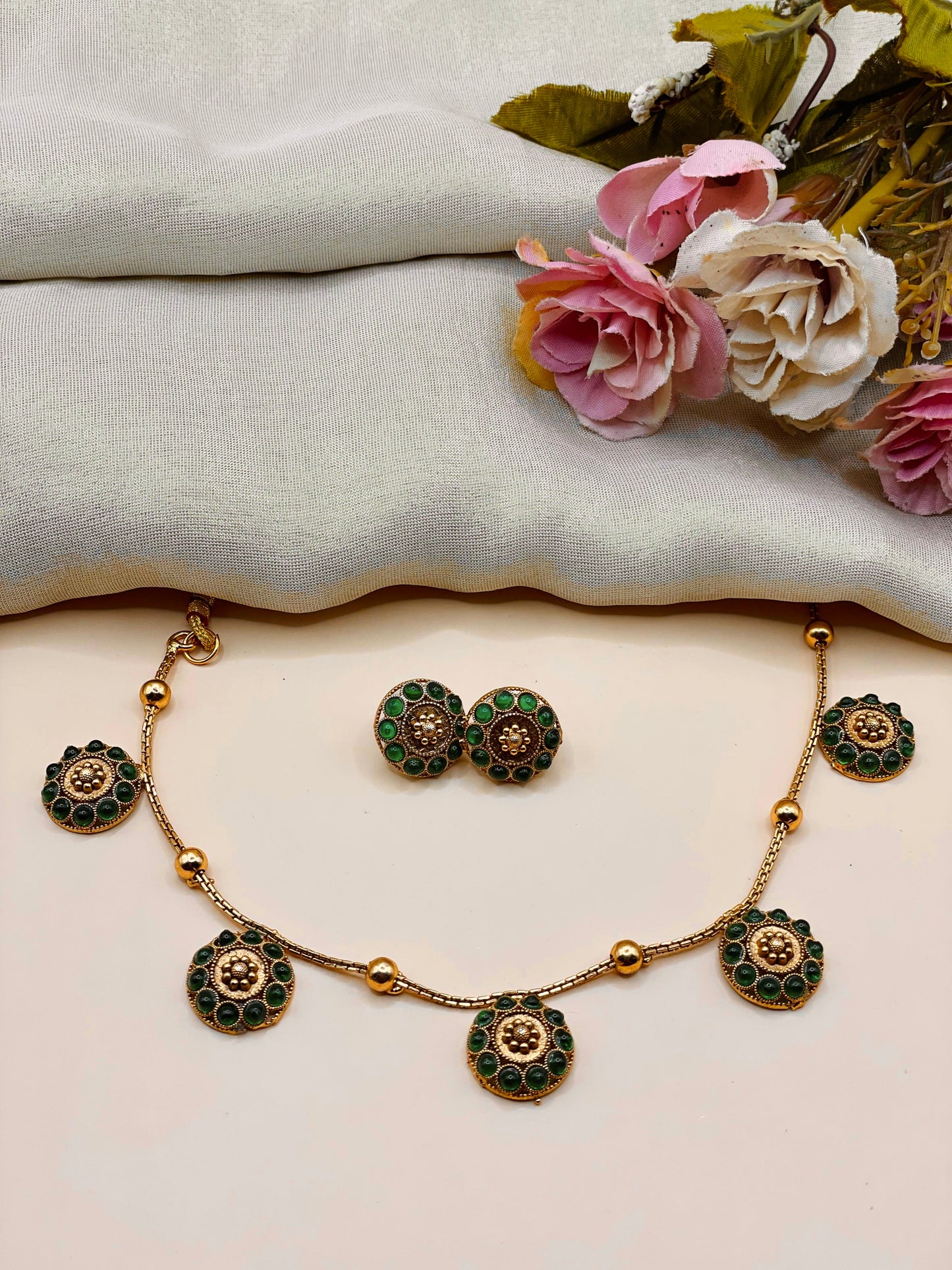 Antique Green Stone Coin Necklace Set