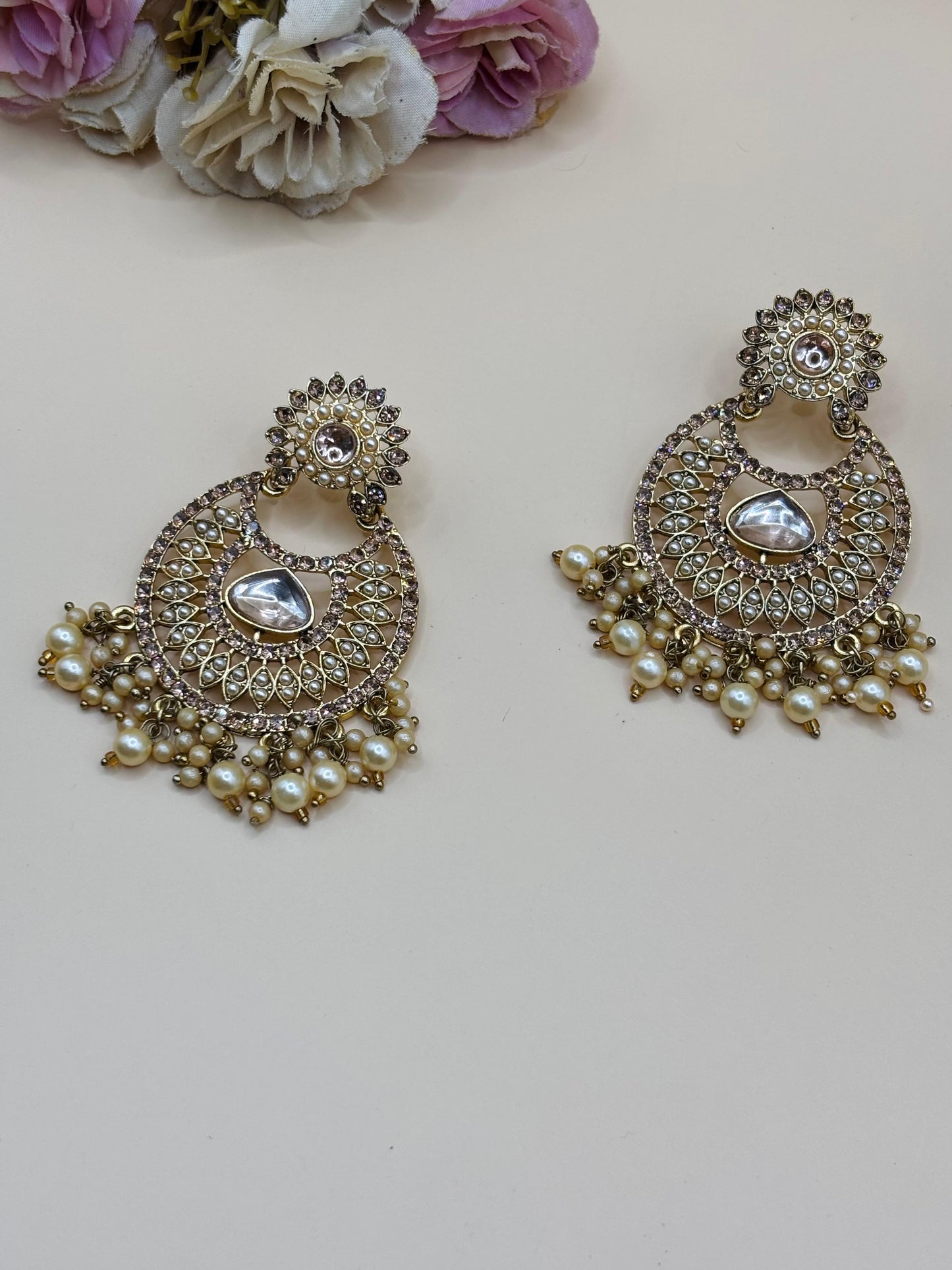 Golden Kundan Earrings with Pearl Drops