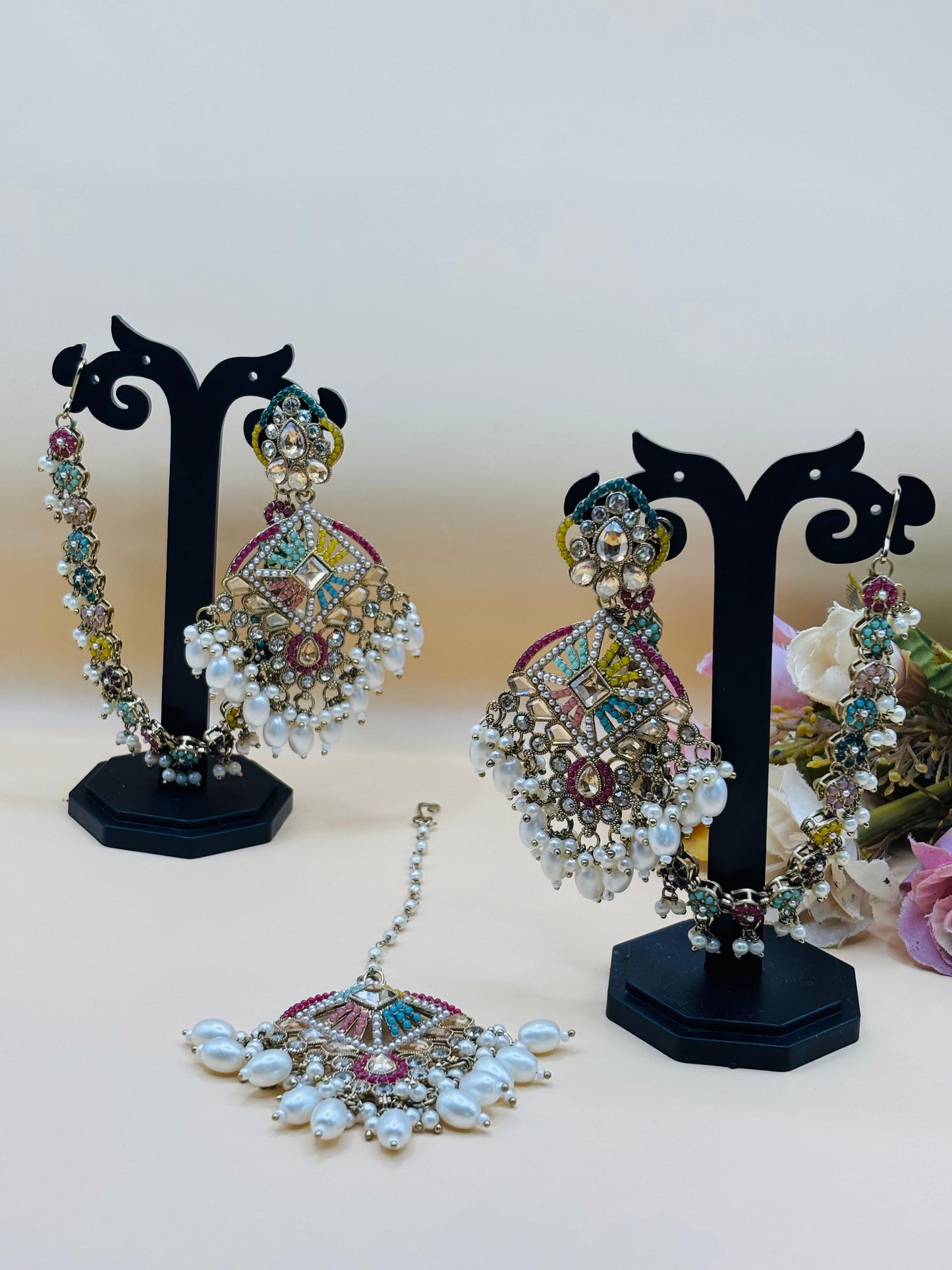 Multicolor Kundan Bridal Jhumka & Maang Tikka Set