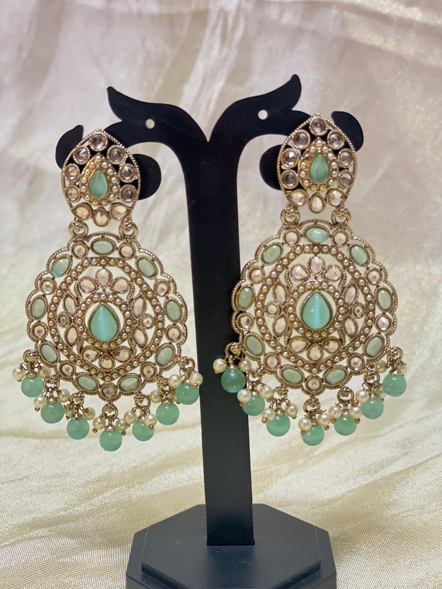 Mint Green Kundan Chandbali Earrings-E005(03)