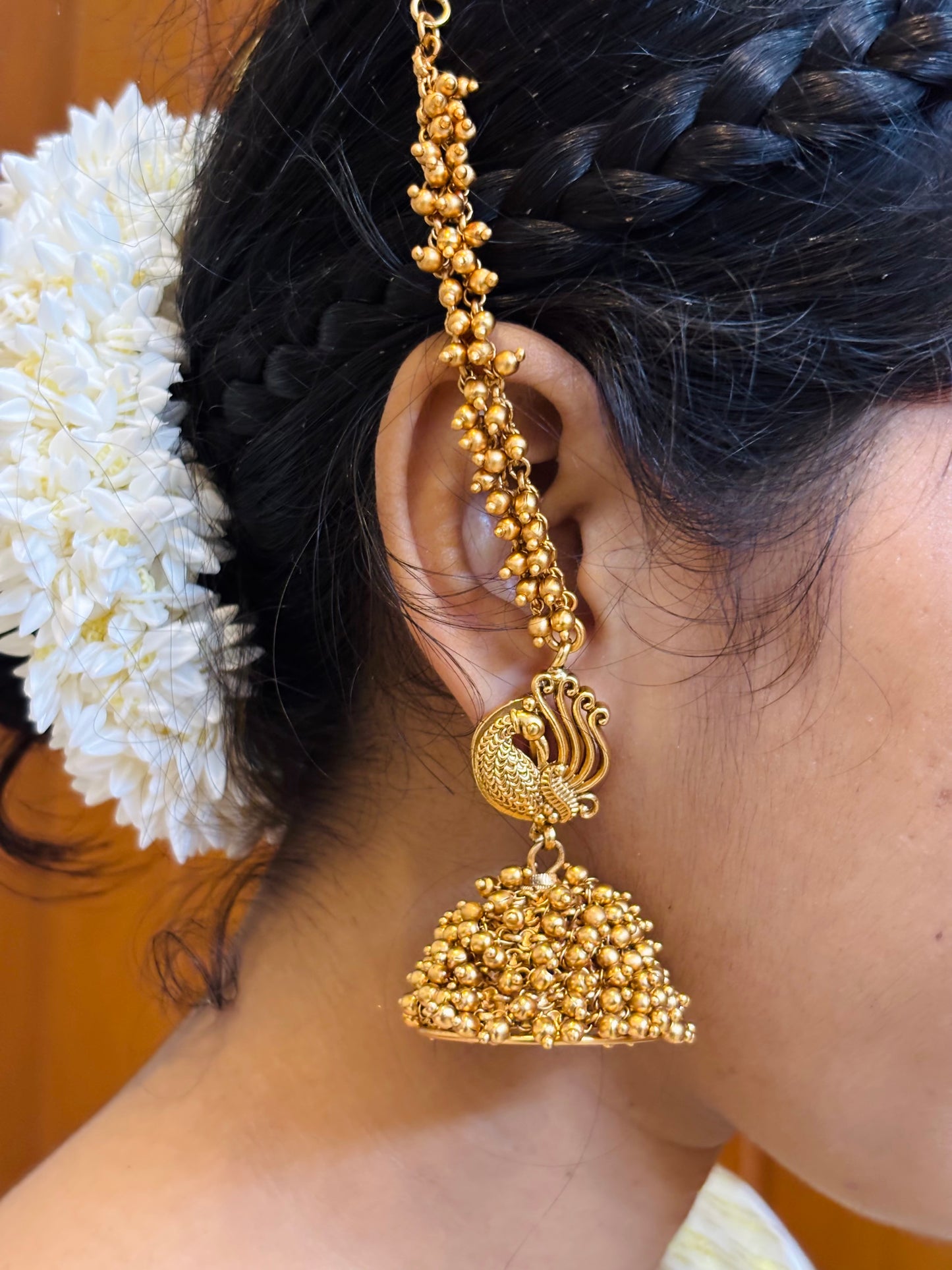 Golden Peacock Bridal Jhumka with Matti