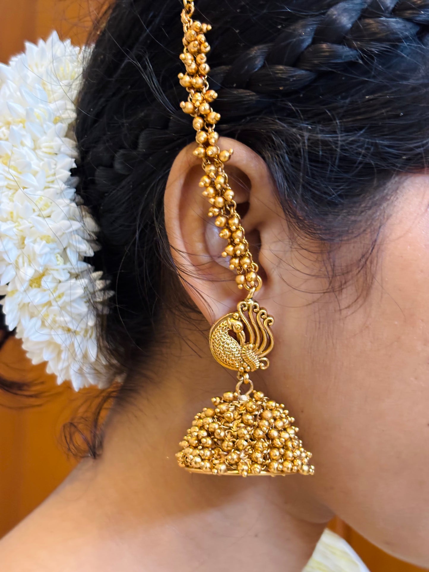 Golden Peacock Bridal Jhumka with Matti