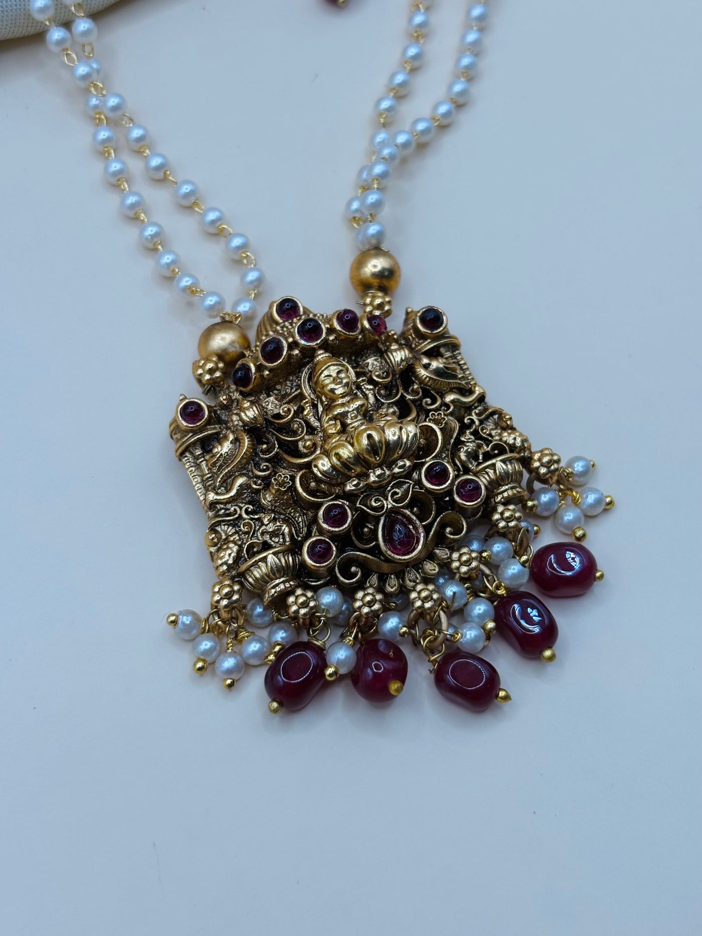 Temple Pearl Necklace with Ruby Stones-N036