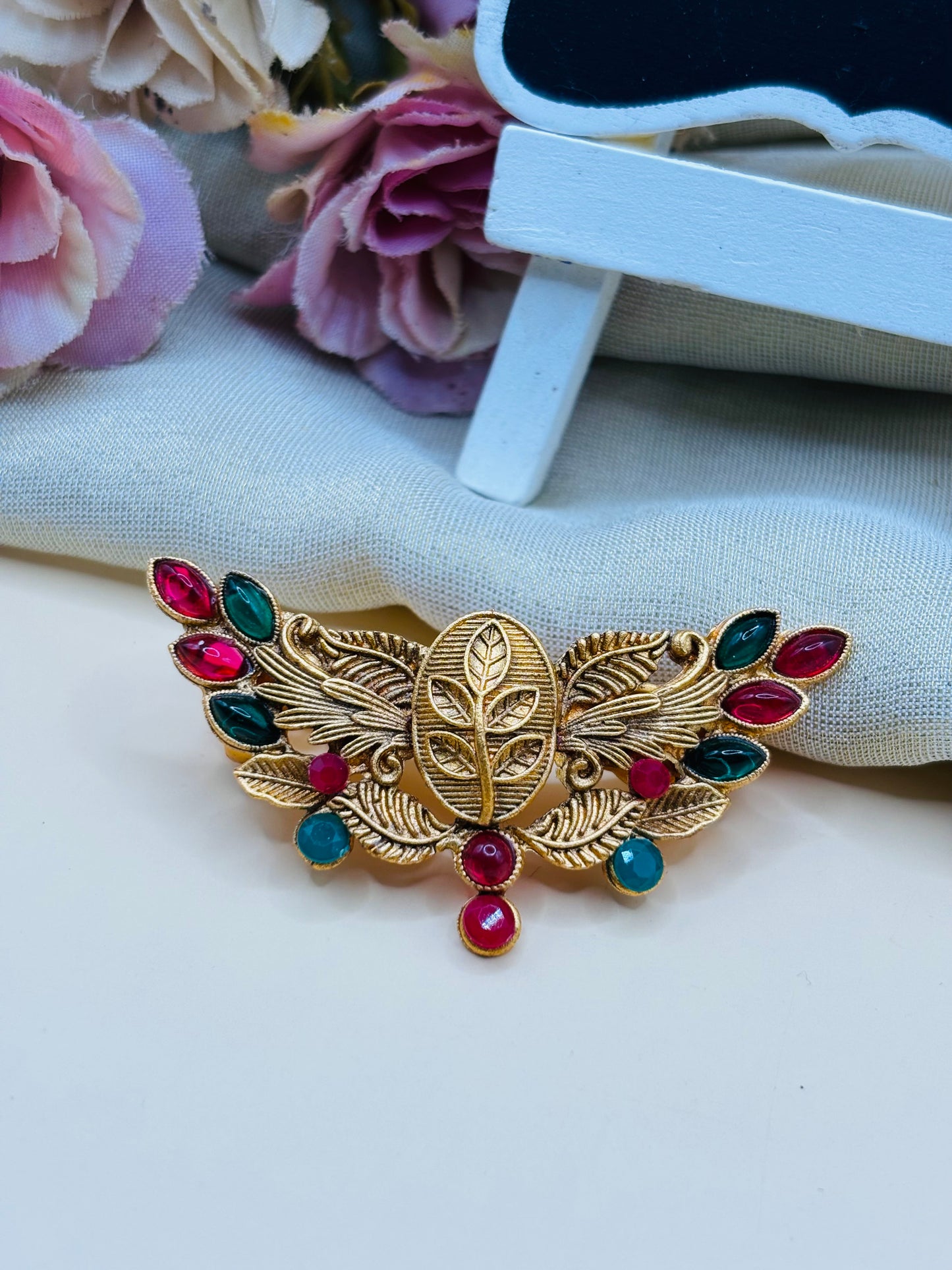 Ruby Emerald Leaf Hair Clip