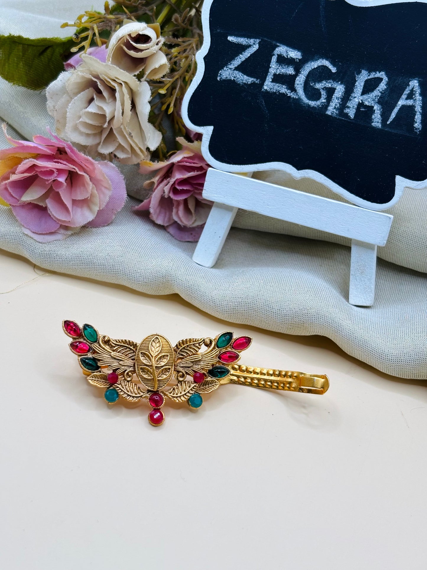 Ruby Emerald Leaf Hair Clip