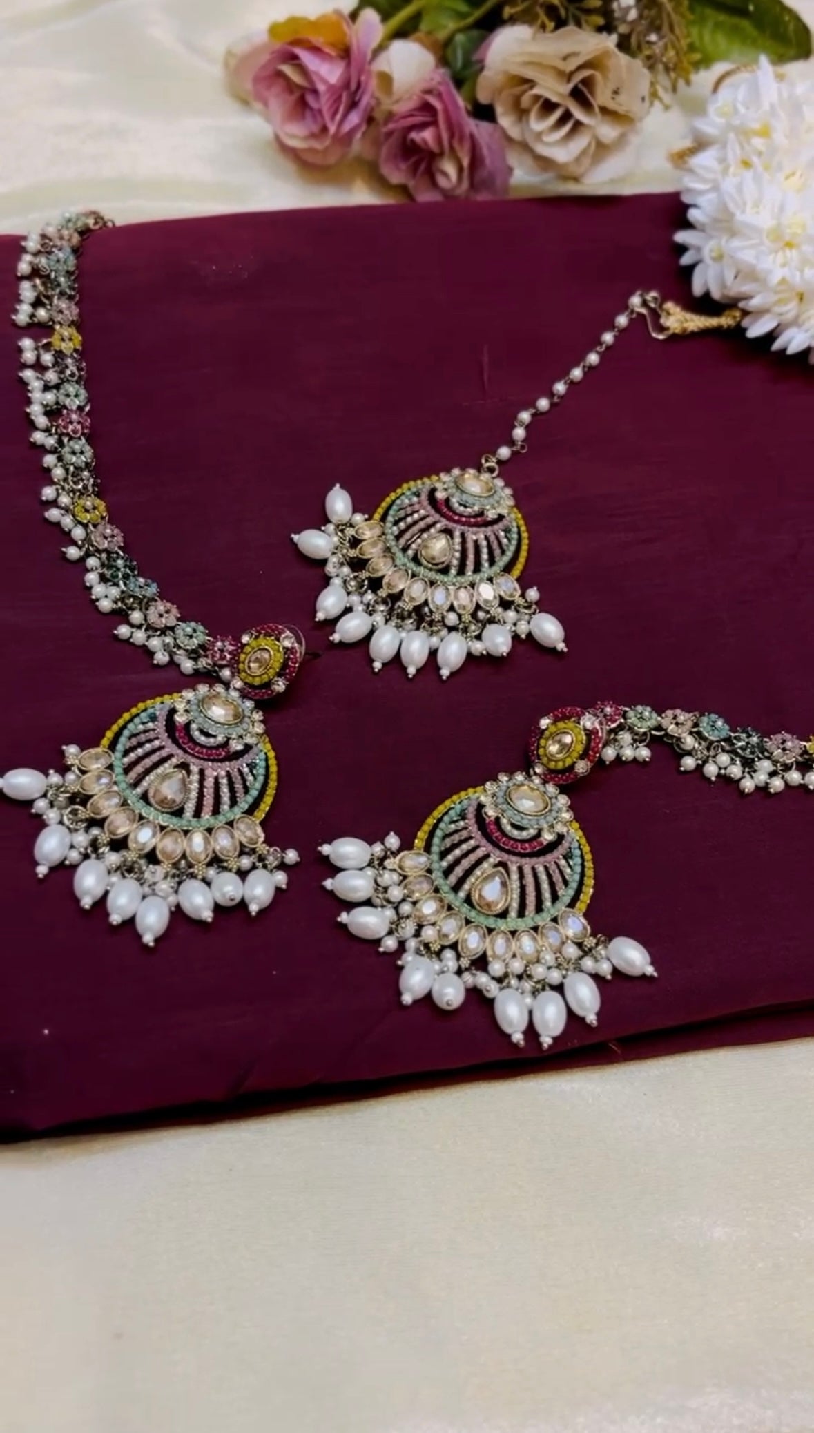 Multicolor Kundan Earrings & Maang Tikka Set