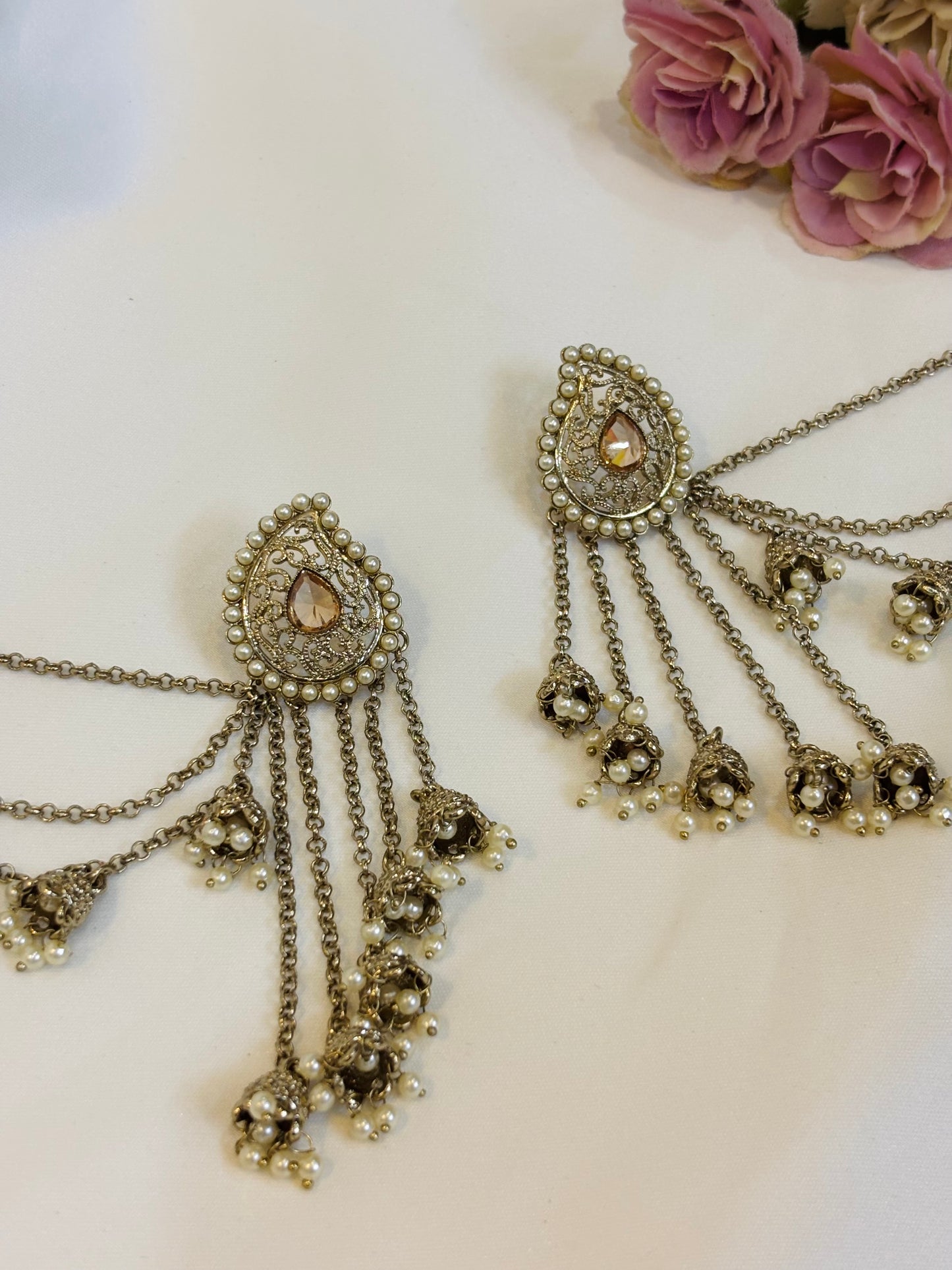 Royal Pearl Chain Jhumka Earrings