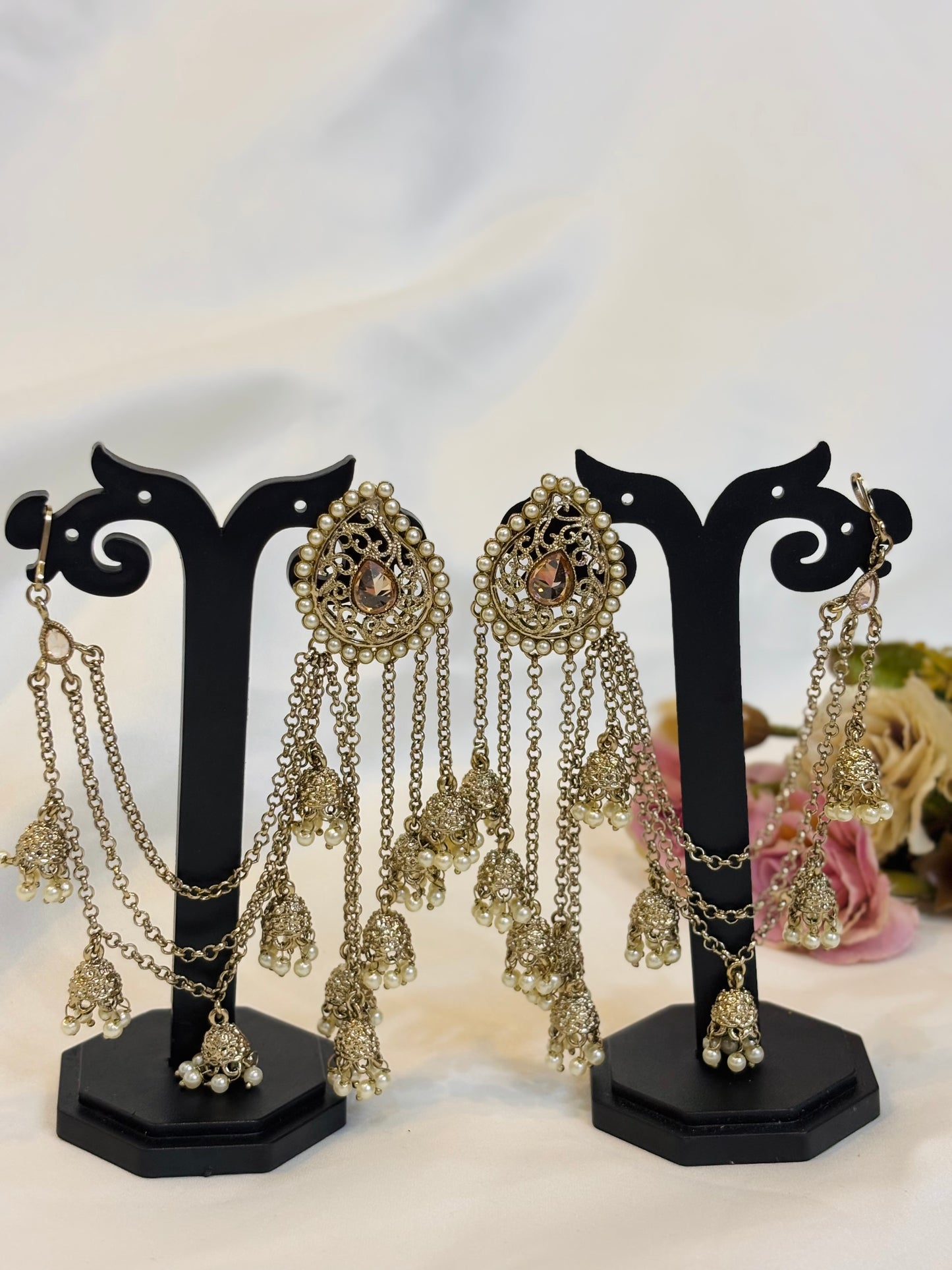 Royal Pearl Chain Jhumka Earrings