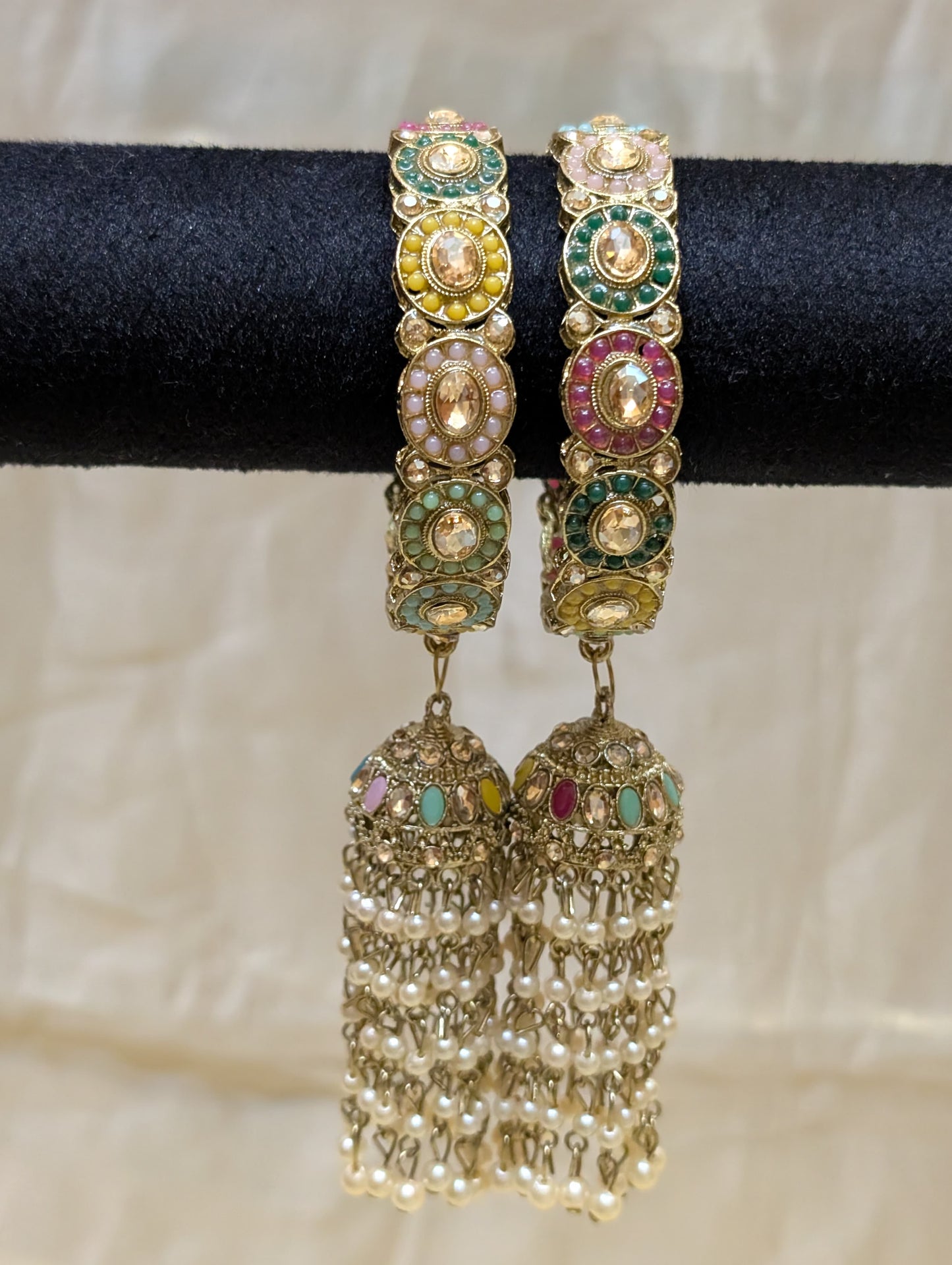 Multicolor Kundan Bangles with Pearl Tassels-B024