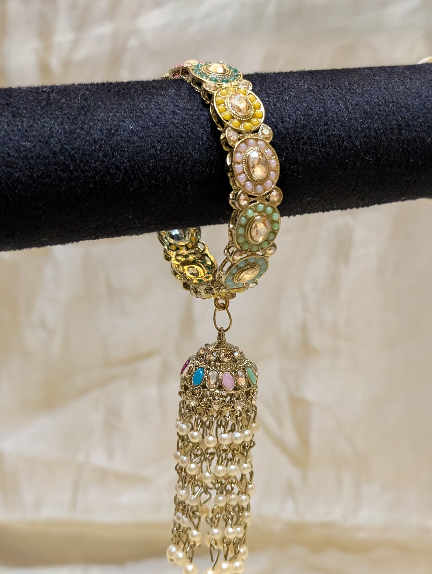Multicolor Kundan Bangles with Pearl Tassels-B024