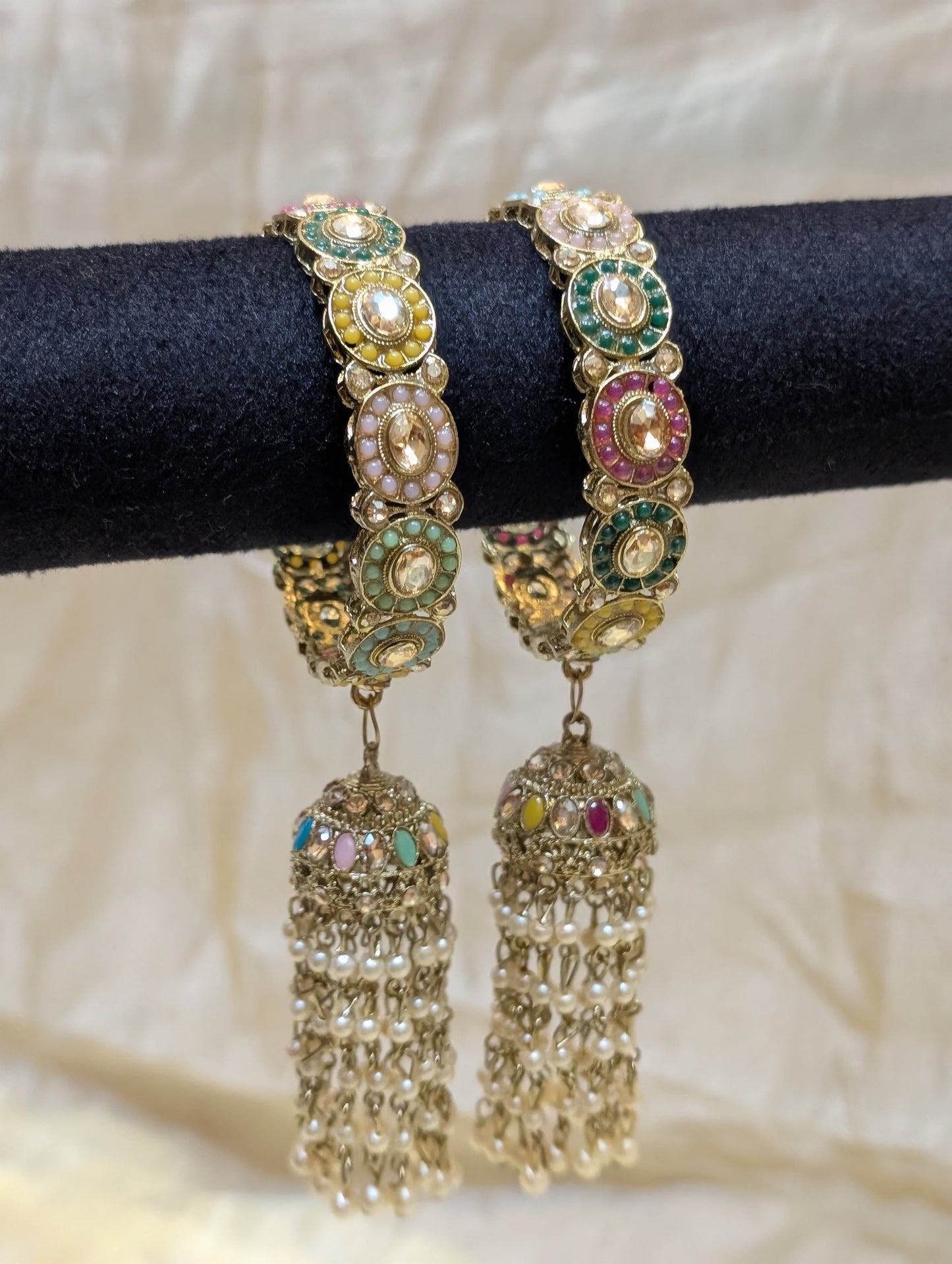 Multicolor Kundan Bangles with Pearl Tassels-B024