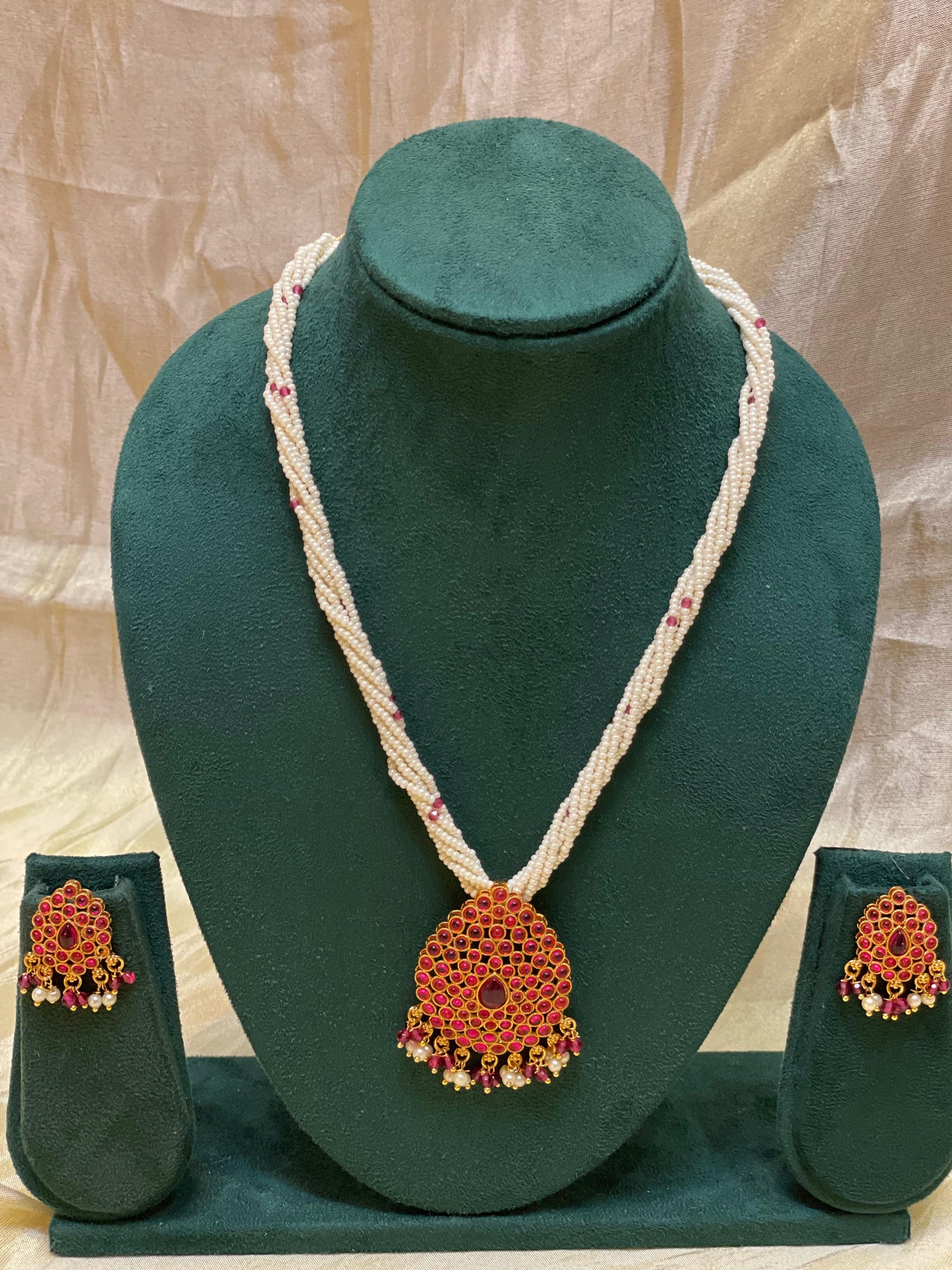 Ruby Drop Beaded Pearl Necklace -N019(01)