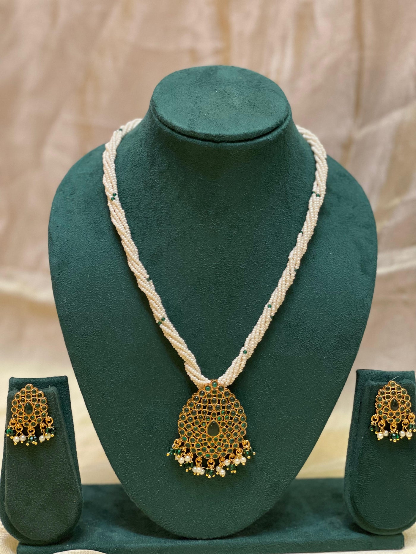 Emerald Drop Beaded Pearl Necklace-N019(02).