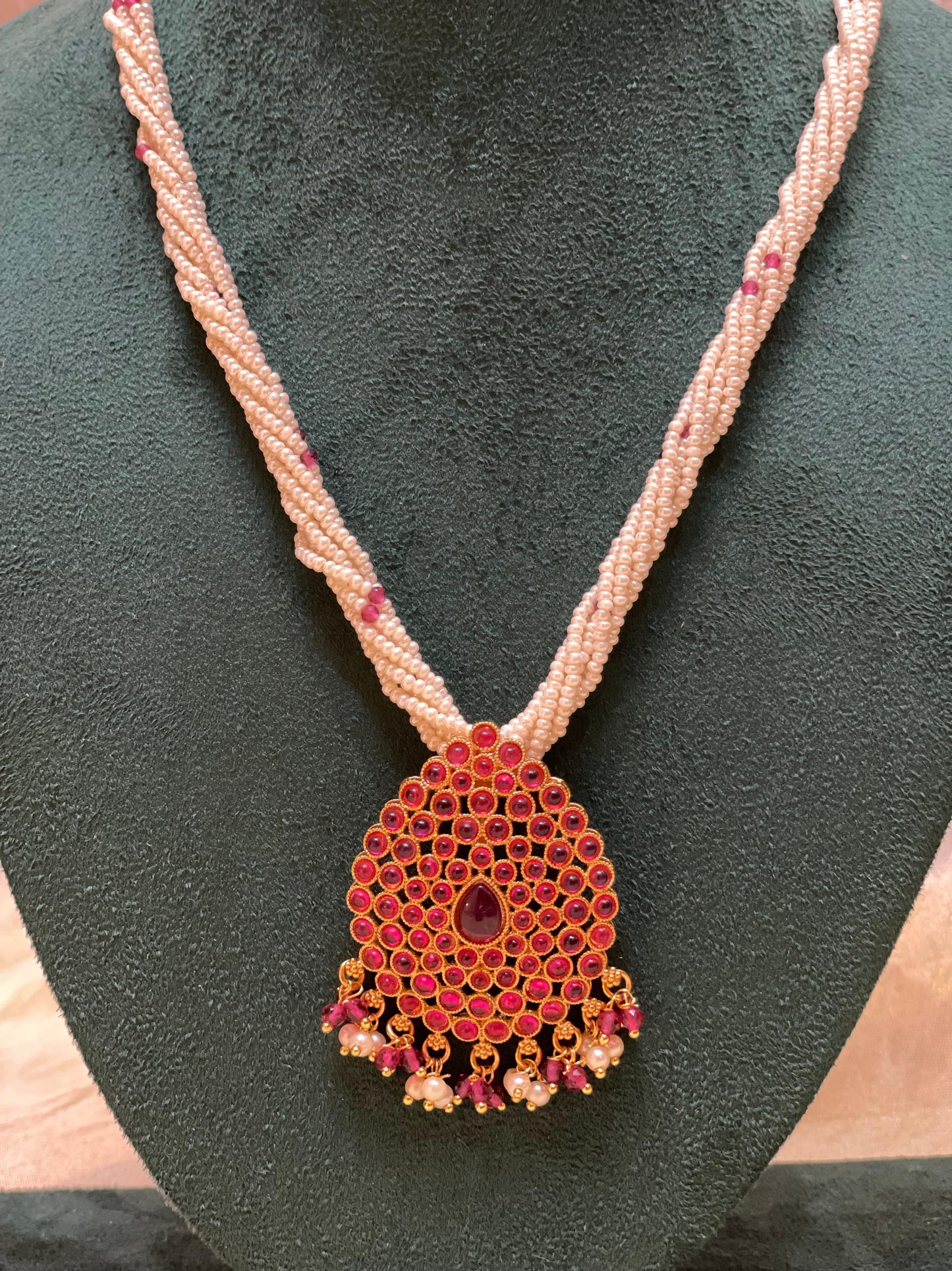 Ruby Drop Beaded Pearl Necklace -N019(01)
