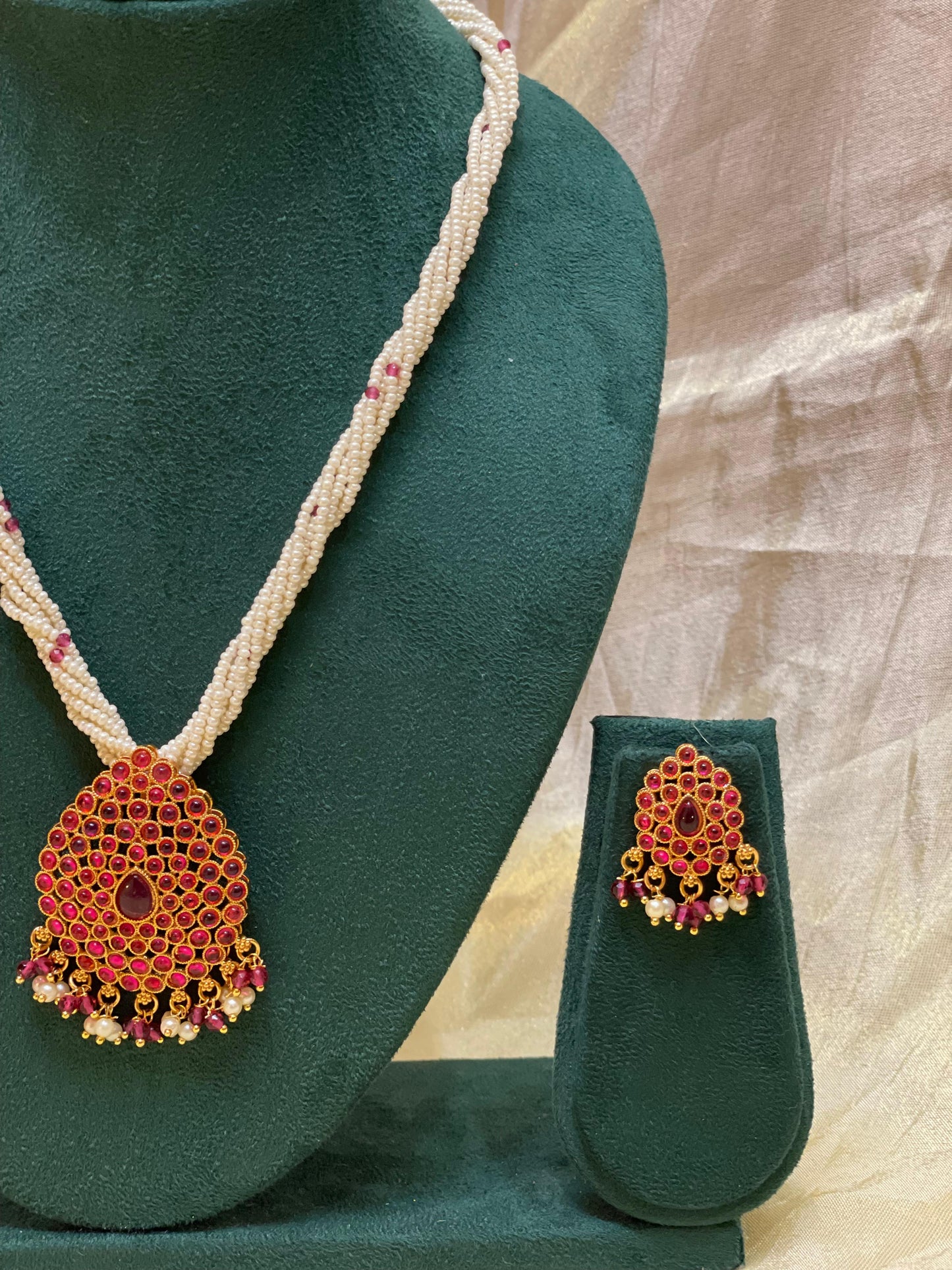Ruby Drop Beaded Pearl Necklace -N019(01)