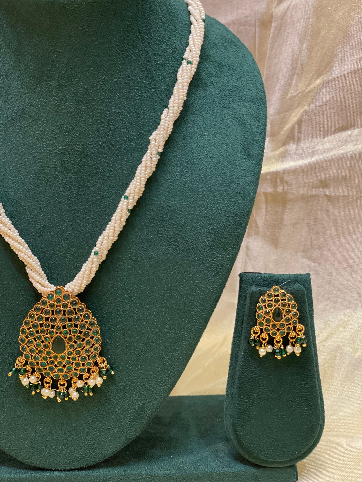 Emerald Drop Beaded Pearl Necklace-N019(02).