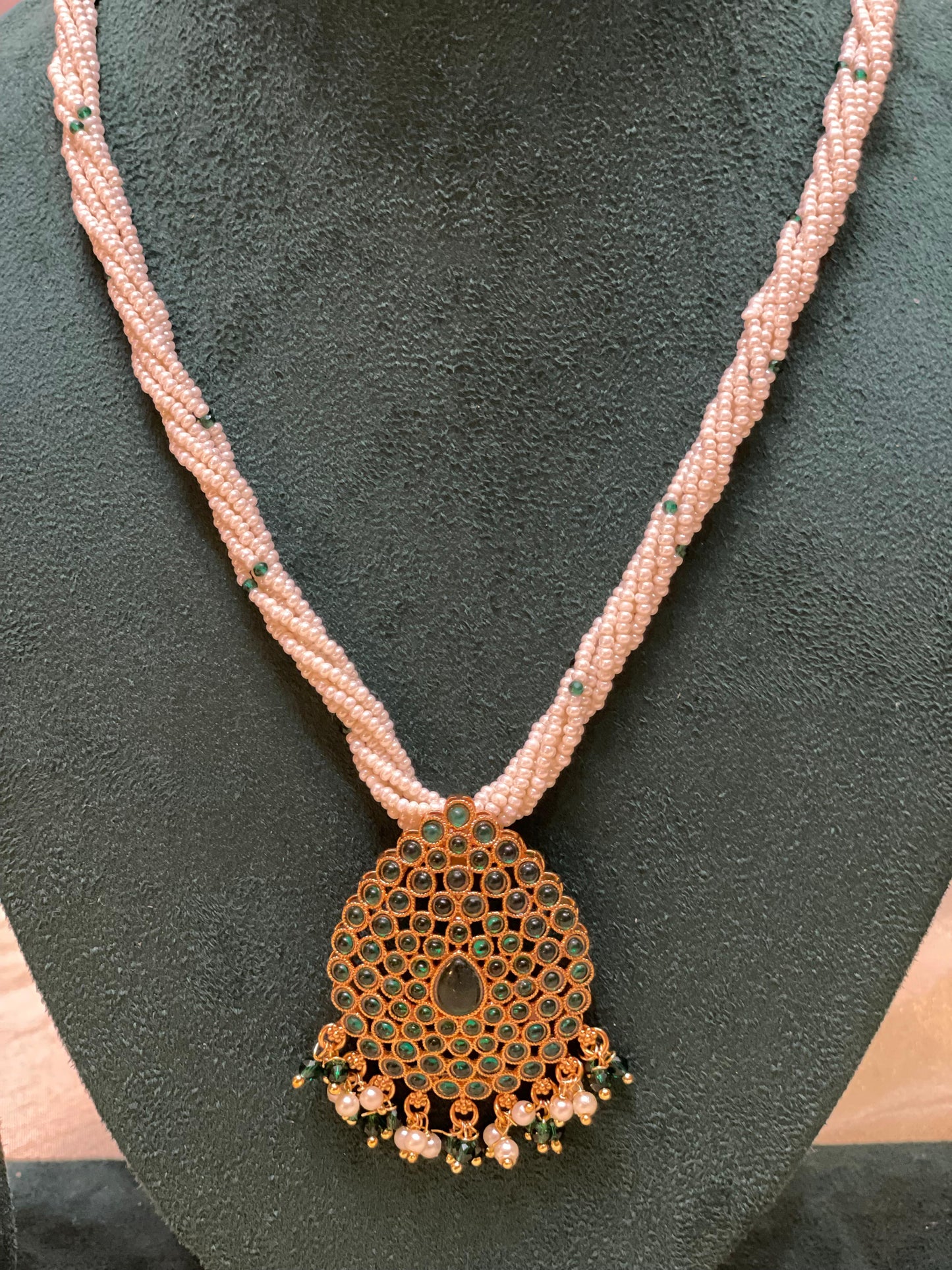 Emerald Drop Beaded Pearl Necklace-N019(02).