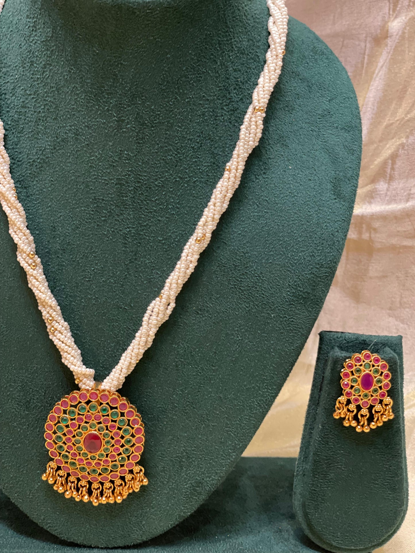 Circular Ruby-Emerald Beaded Pearl Necklace-N020(02)