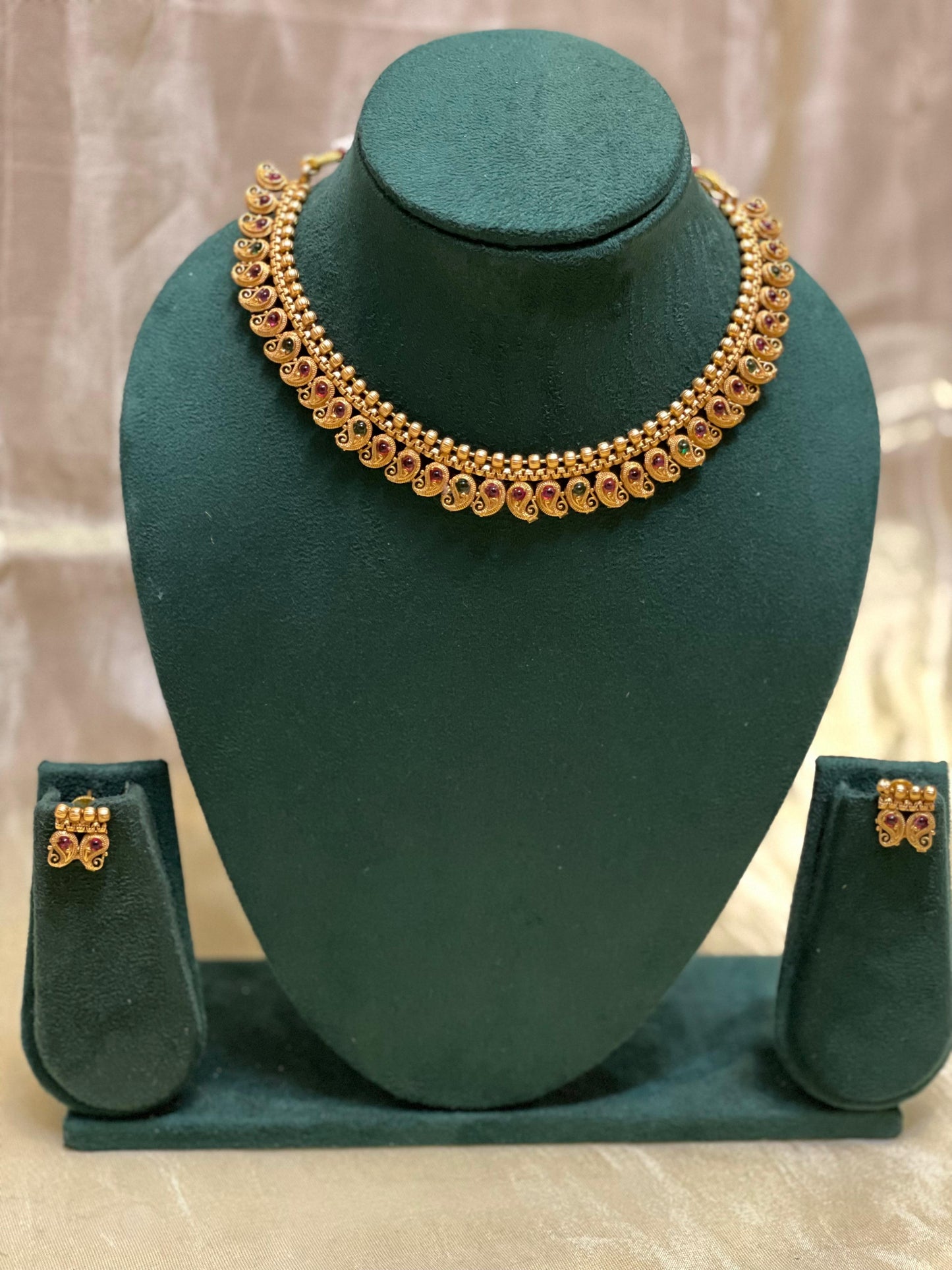Pink & Green Maanga Motif Choker Set-CH015(01)