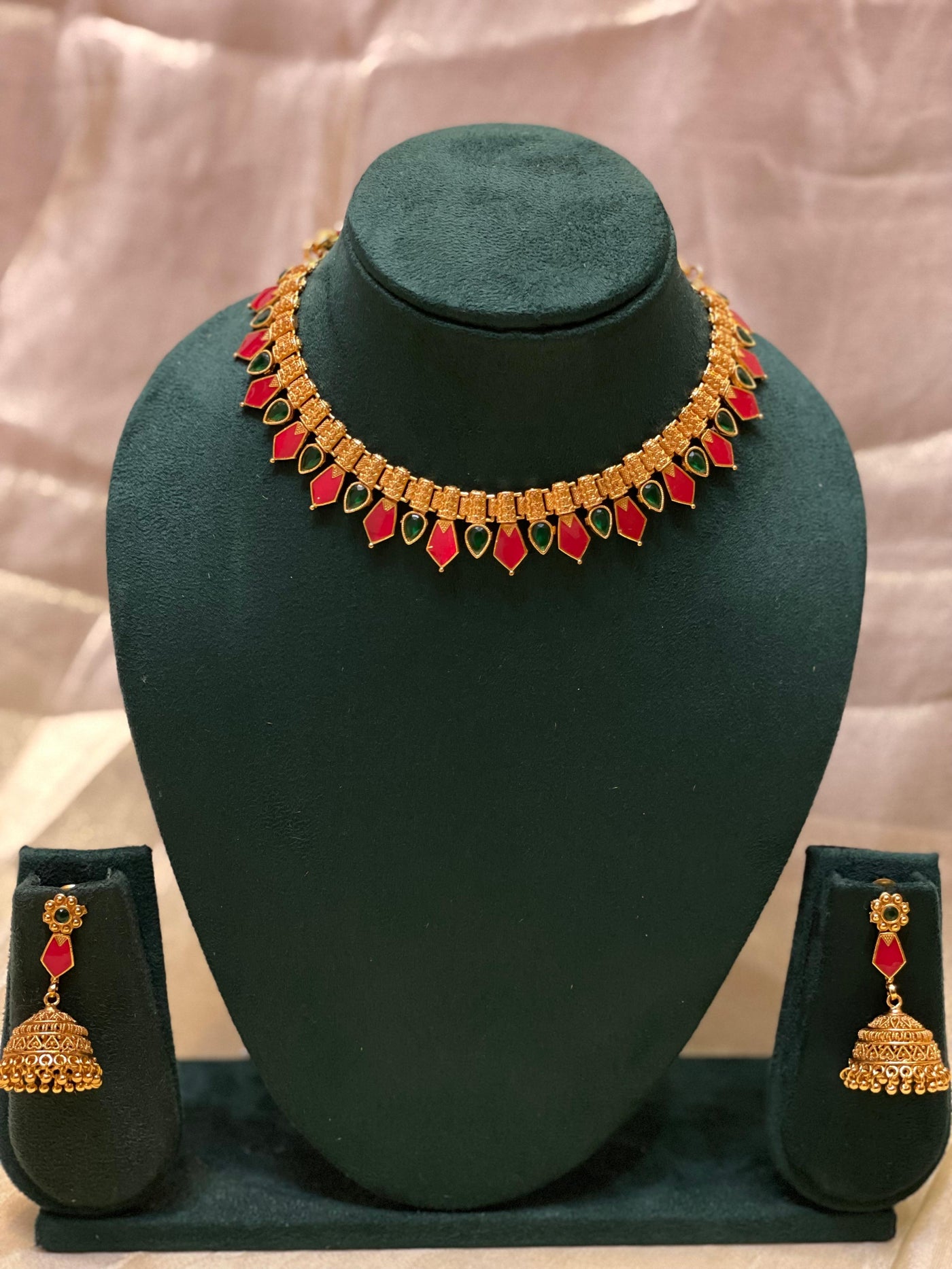 Antique Red-Green Palakka Necklace Set-CH019(02)