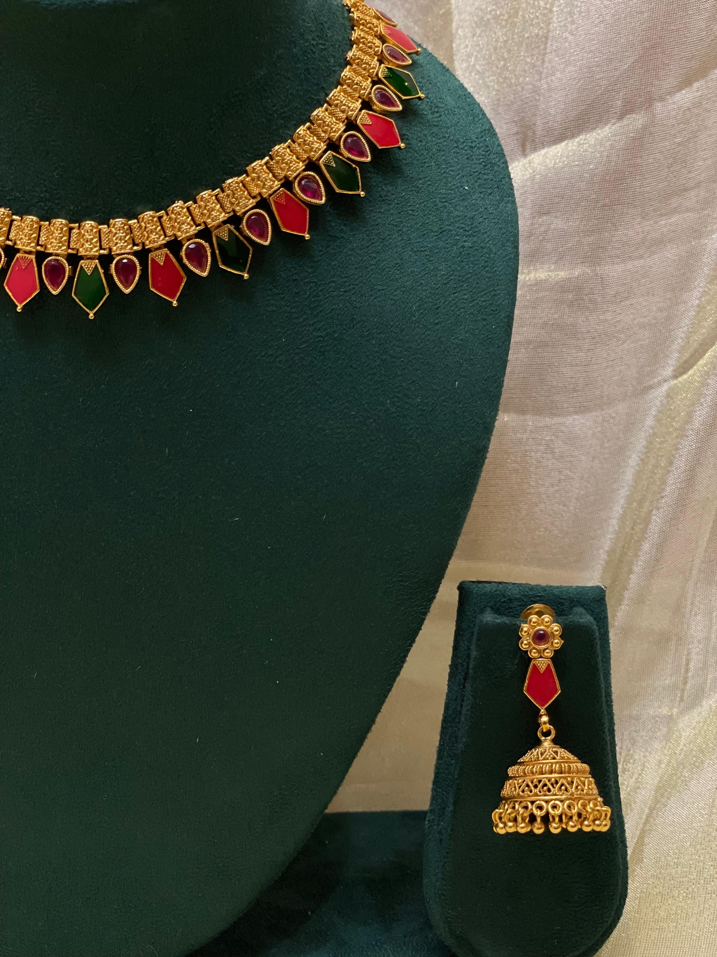 Ruby-Green Dual Tone Palakka Necklace Set -CH019(03)