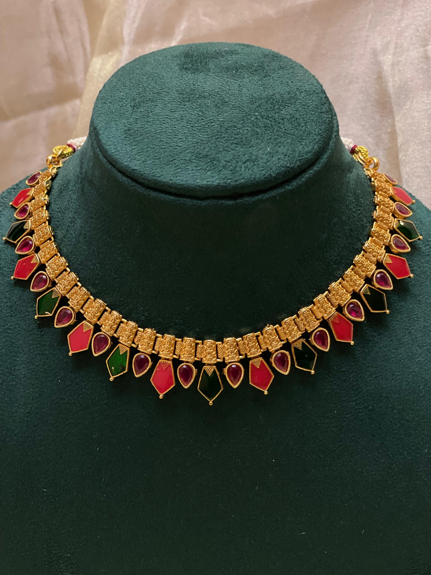 Ruby-Green Dual Tone Palakka Necklace Set -CH019(03)