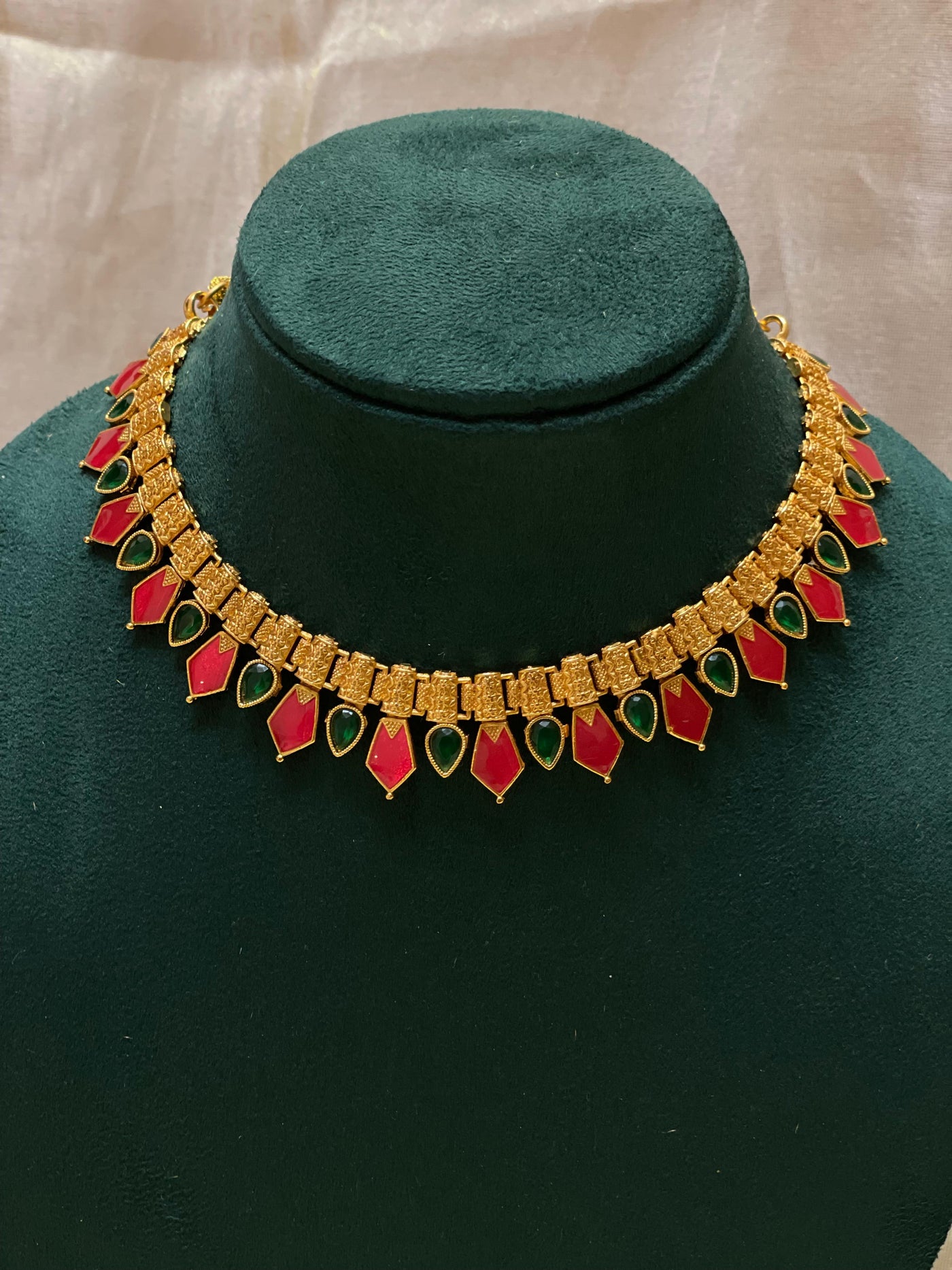 Antique Red-Green Palakka Necklace Set-CH019(02)