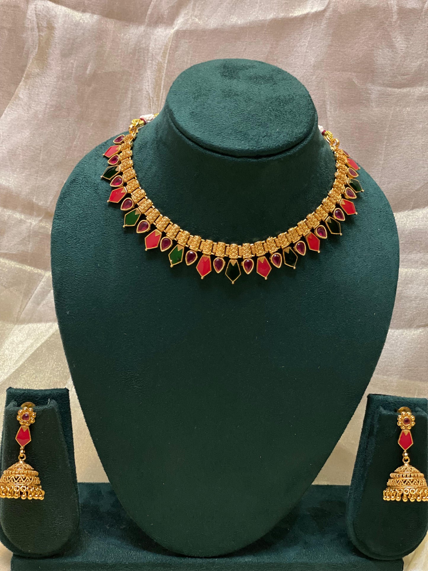 Ruby-Green Dual Tone Palakka Necklace Set -CH019(03)