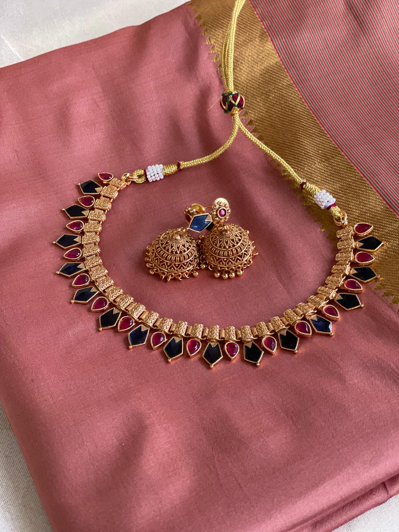 Antique Blue-Red Palakka Necklace Set-CH019(01)