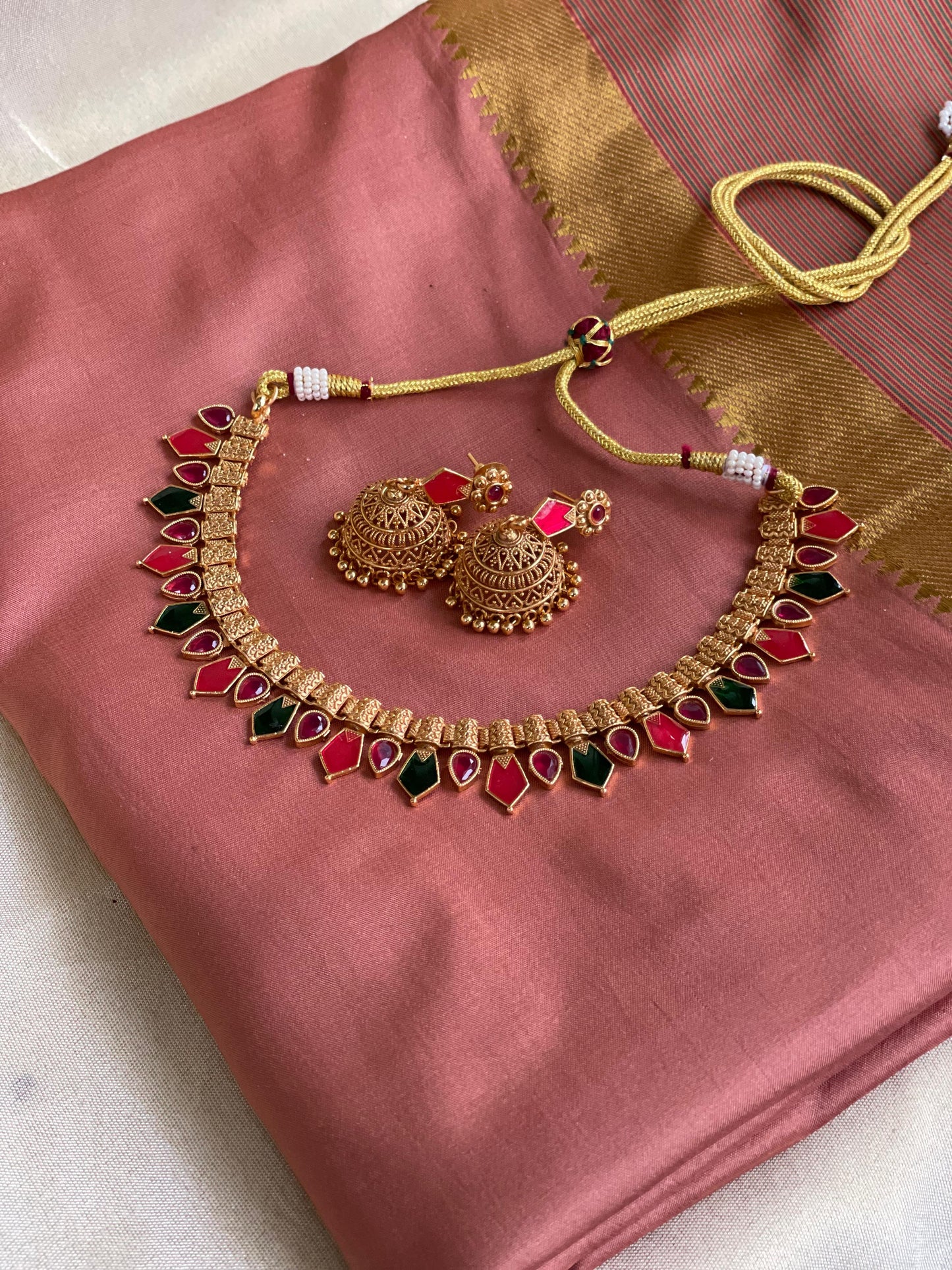 Ruby-Green Dual Tone Palakka Necklace Set -CH019(03)