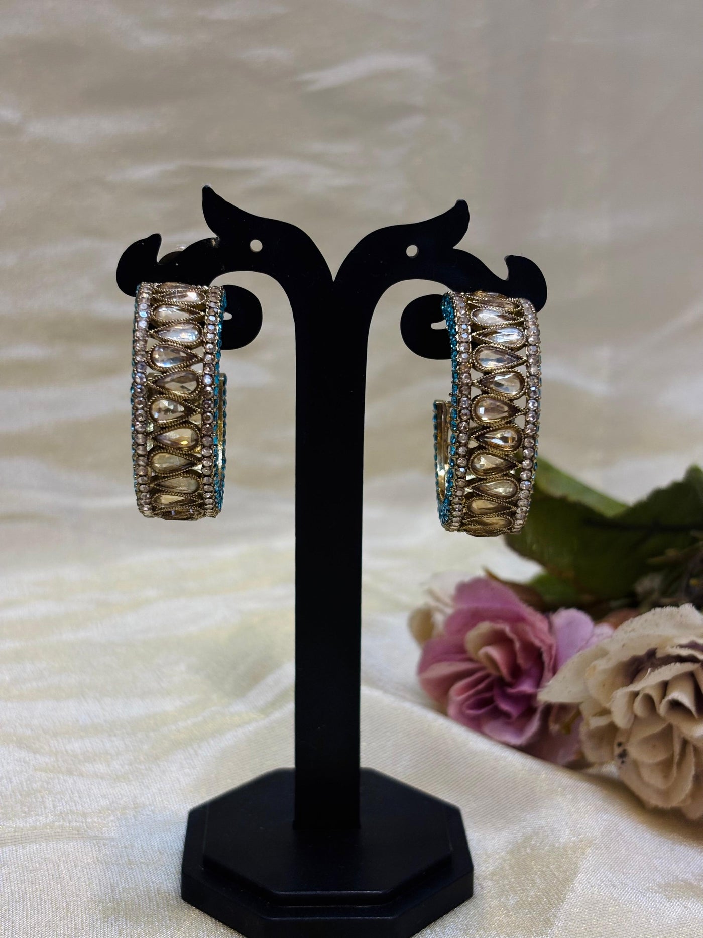 Aqua Kundan Hoop Earrings-E006(02)
