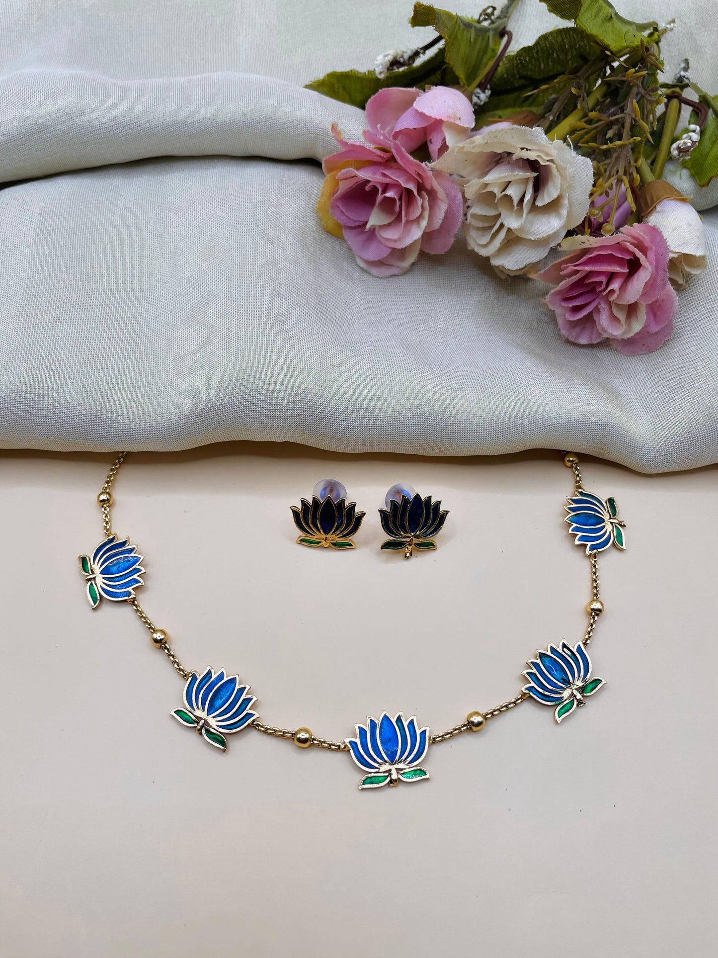 Royal Blue Lotus Necklace Set-L0002