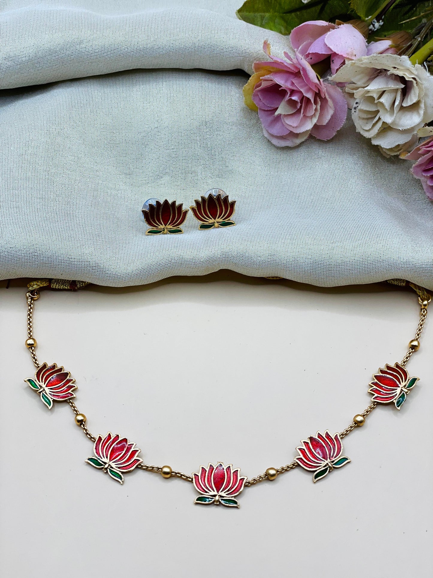 Rich Red Lotus necklace set-L0003