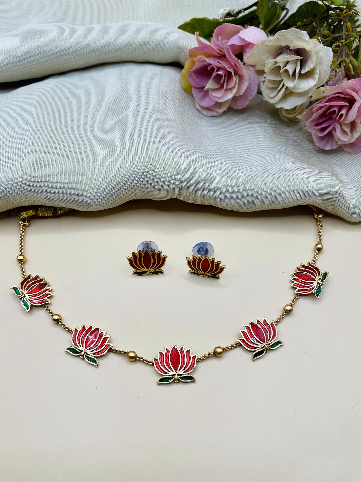 Rich Red Lotus necklace set-L0003