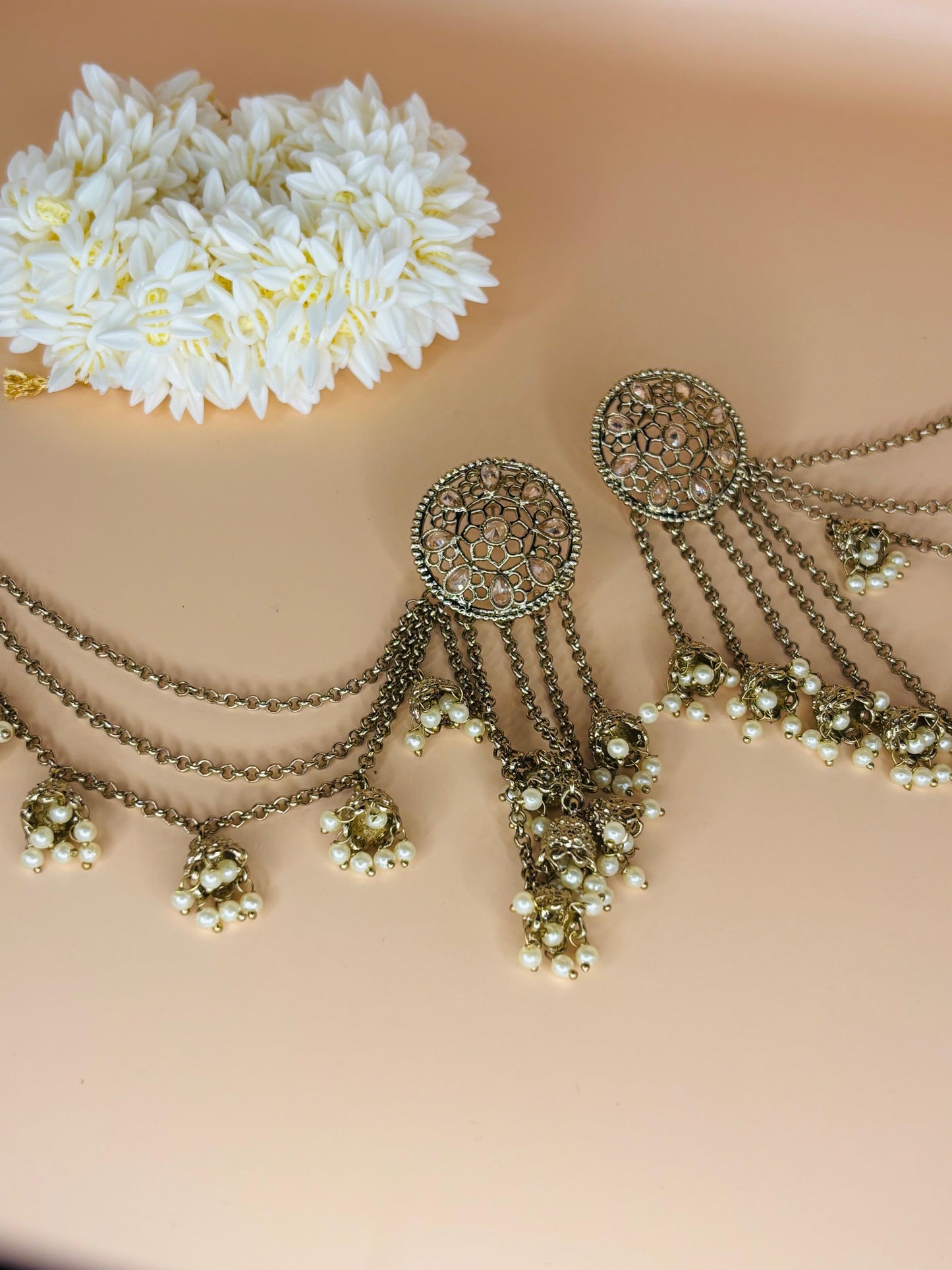 Golden Jhumka Chain Earrings with Pearl Drops