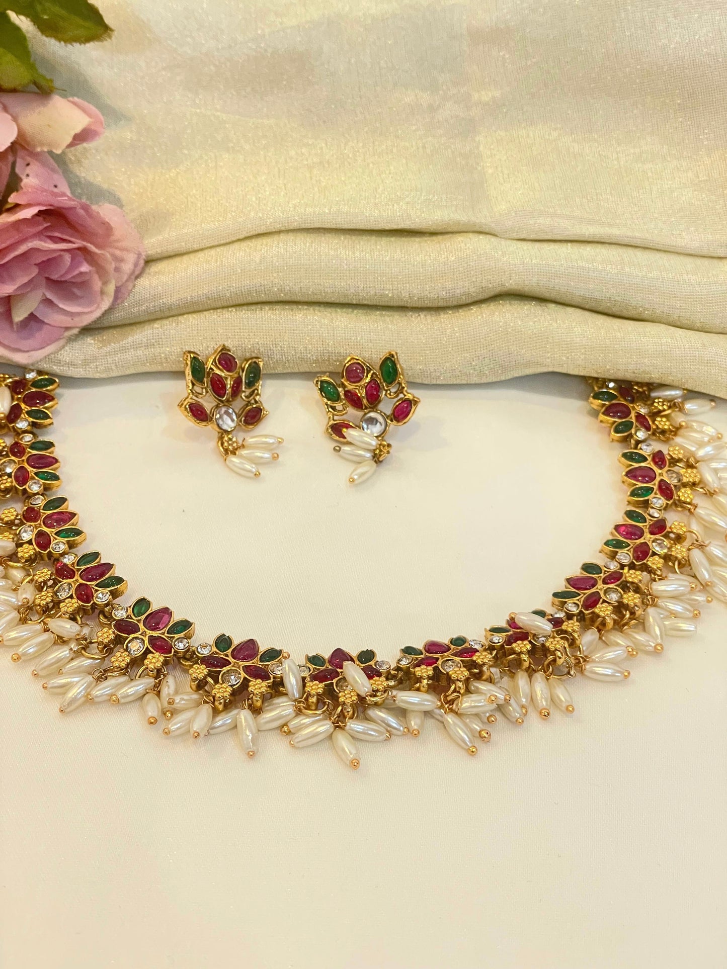 Emarald and Ruby Lotus Necklace