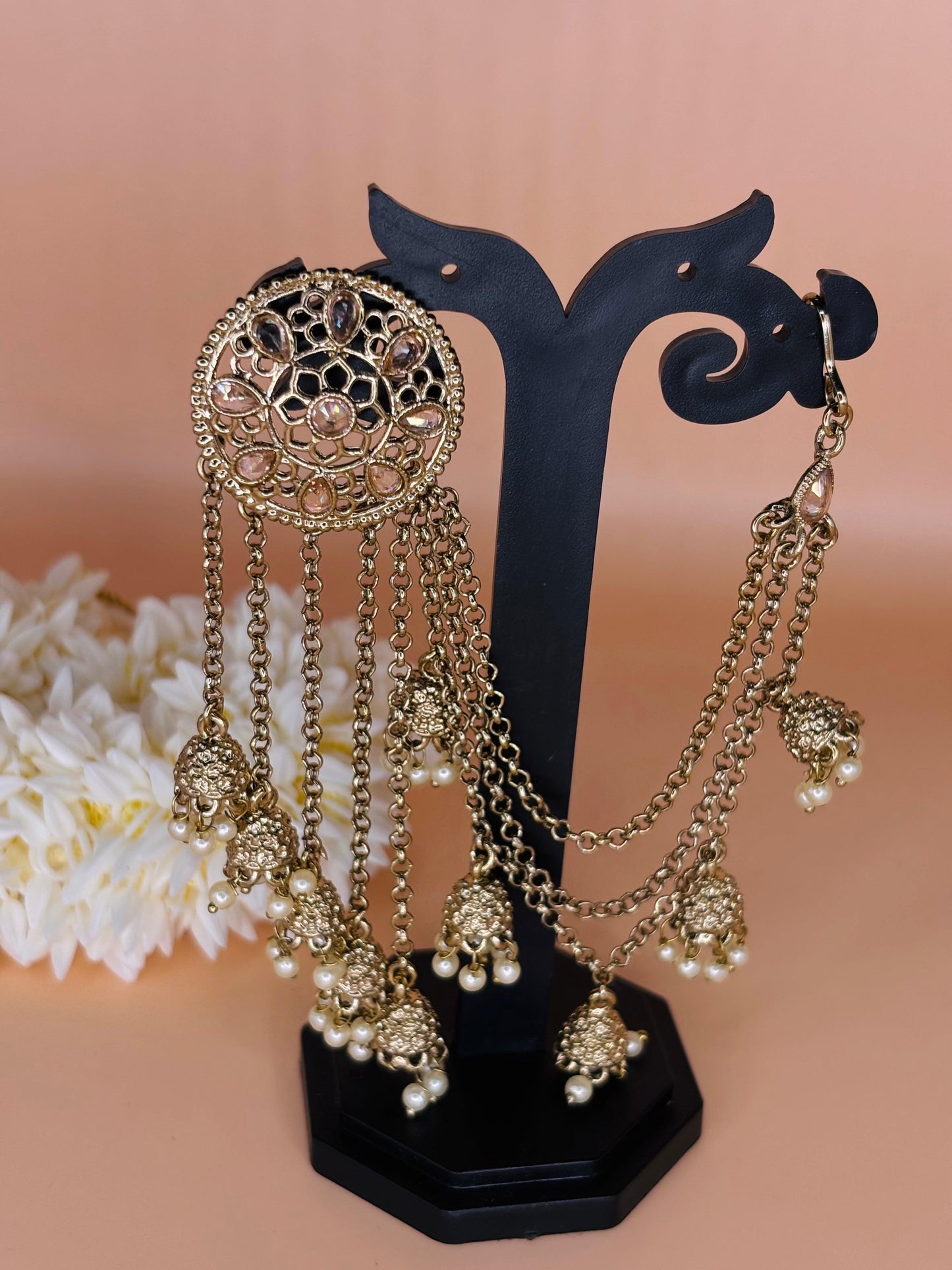 Golden Jhumka Chain Earrings with Pearl Drops