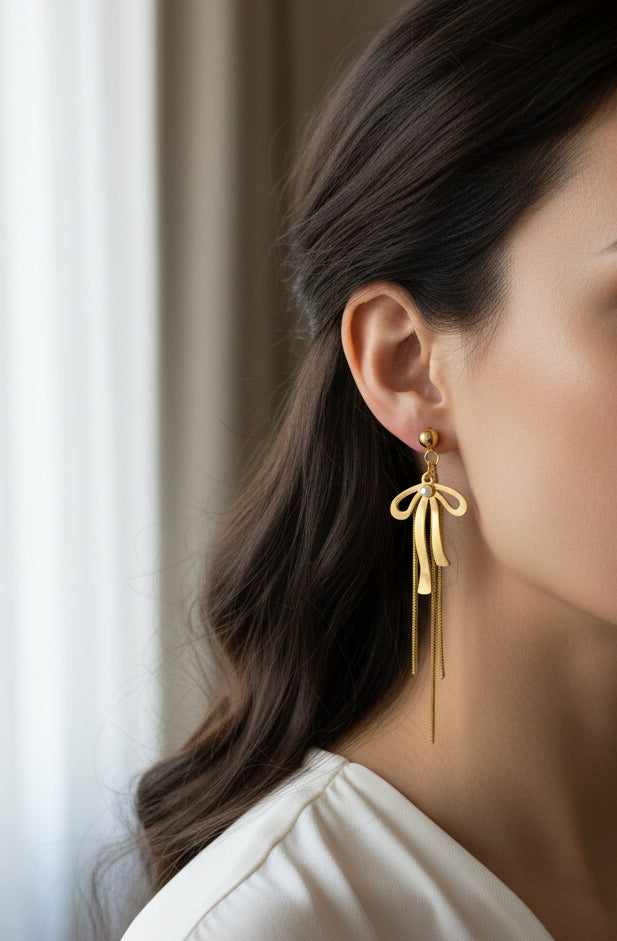 Golden Bow Tassel Earrings-E05