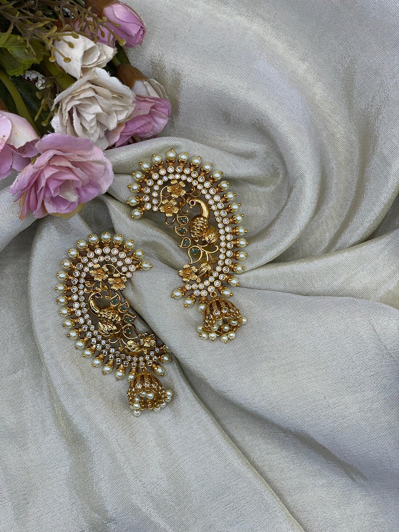 Kemp Stone Peacock Earcuff with Pearl Jhumka-EC003