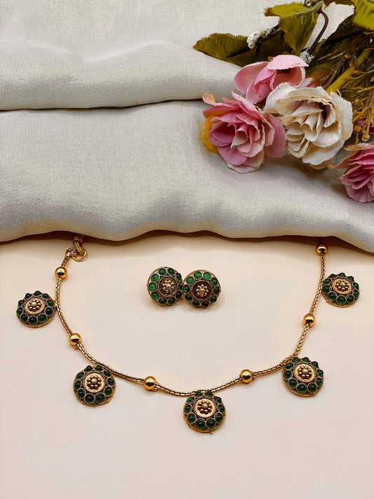 Antique Green Stone Coin Necklace Set