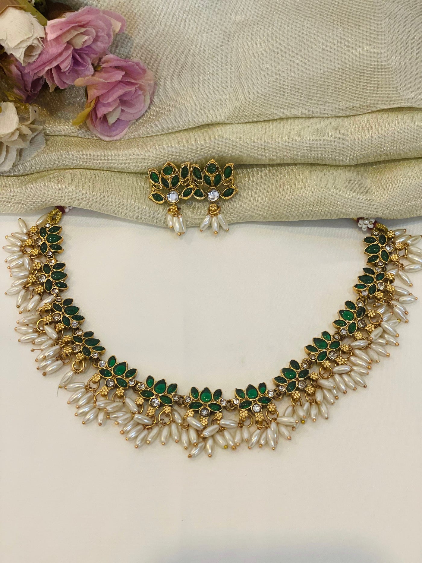Emerald Lotus Pearl Necklace Set-L01(02)