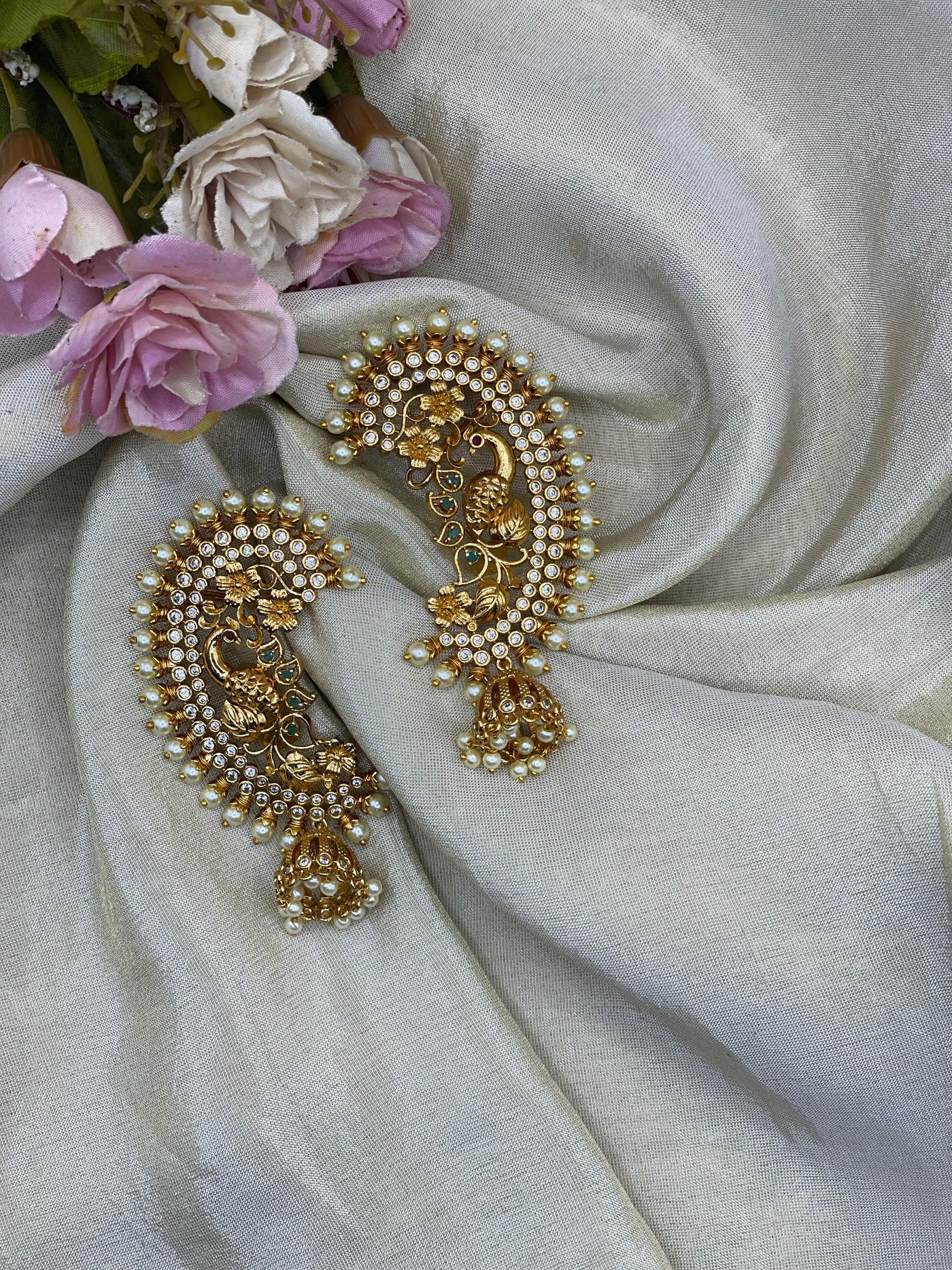 Kemp Stone Peacock Earcuff with Pearl Jhumka-EC003