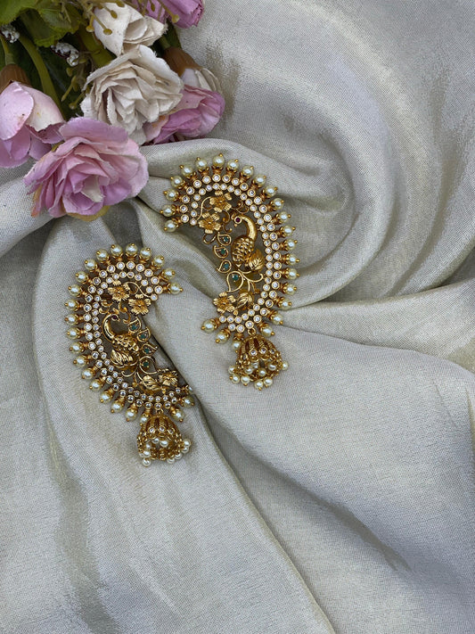 Kemp Stone Peacock Earcuff with Pearl Jhumka-EC003