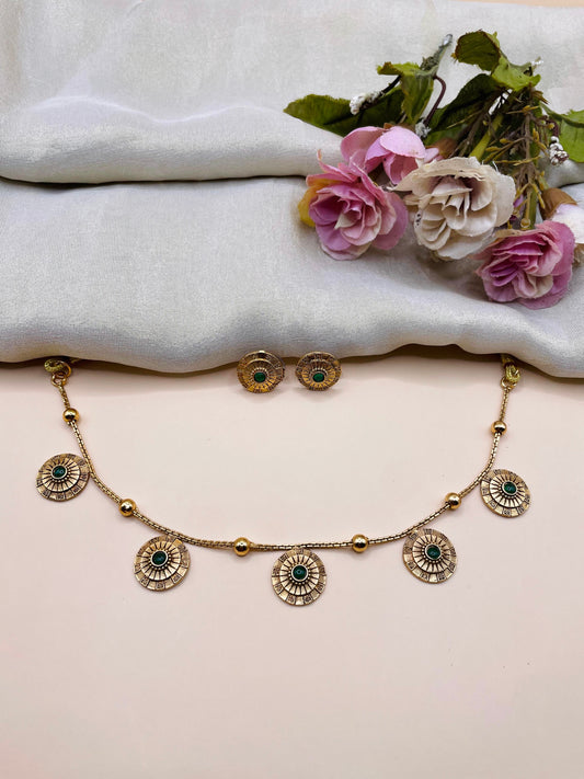 Antique Green-Stud Disc Necklace -N031(01)
