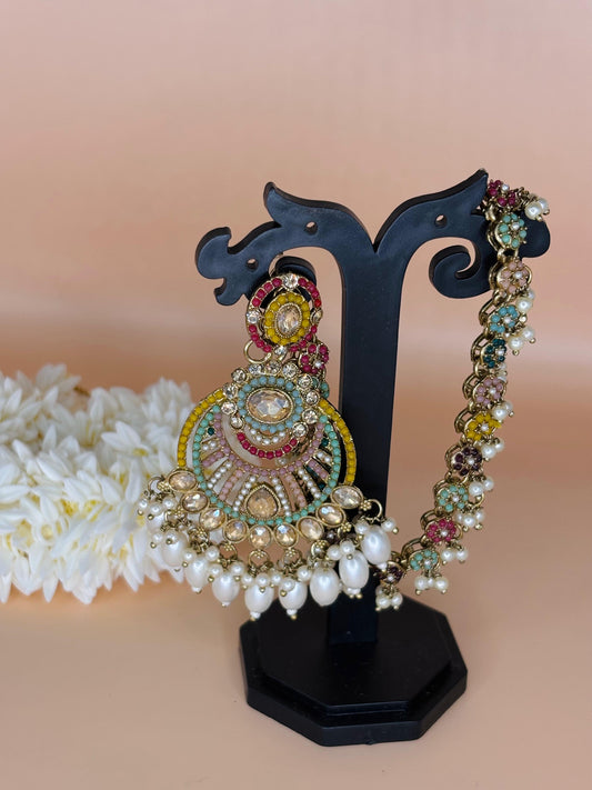 Multicolor Kundan Earrings & Maang Tikka Set
