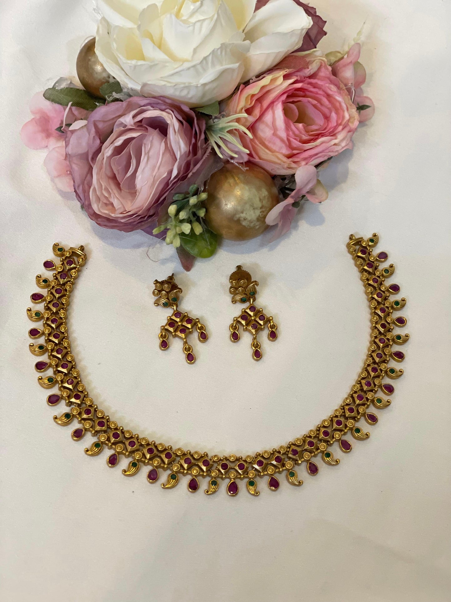 Gold-Tone Ruby & Green Stone Necklace
