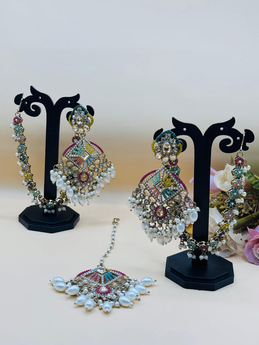 Multicolor Kundan Bridal Jhumka & Maang Tikka Set